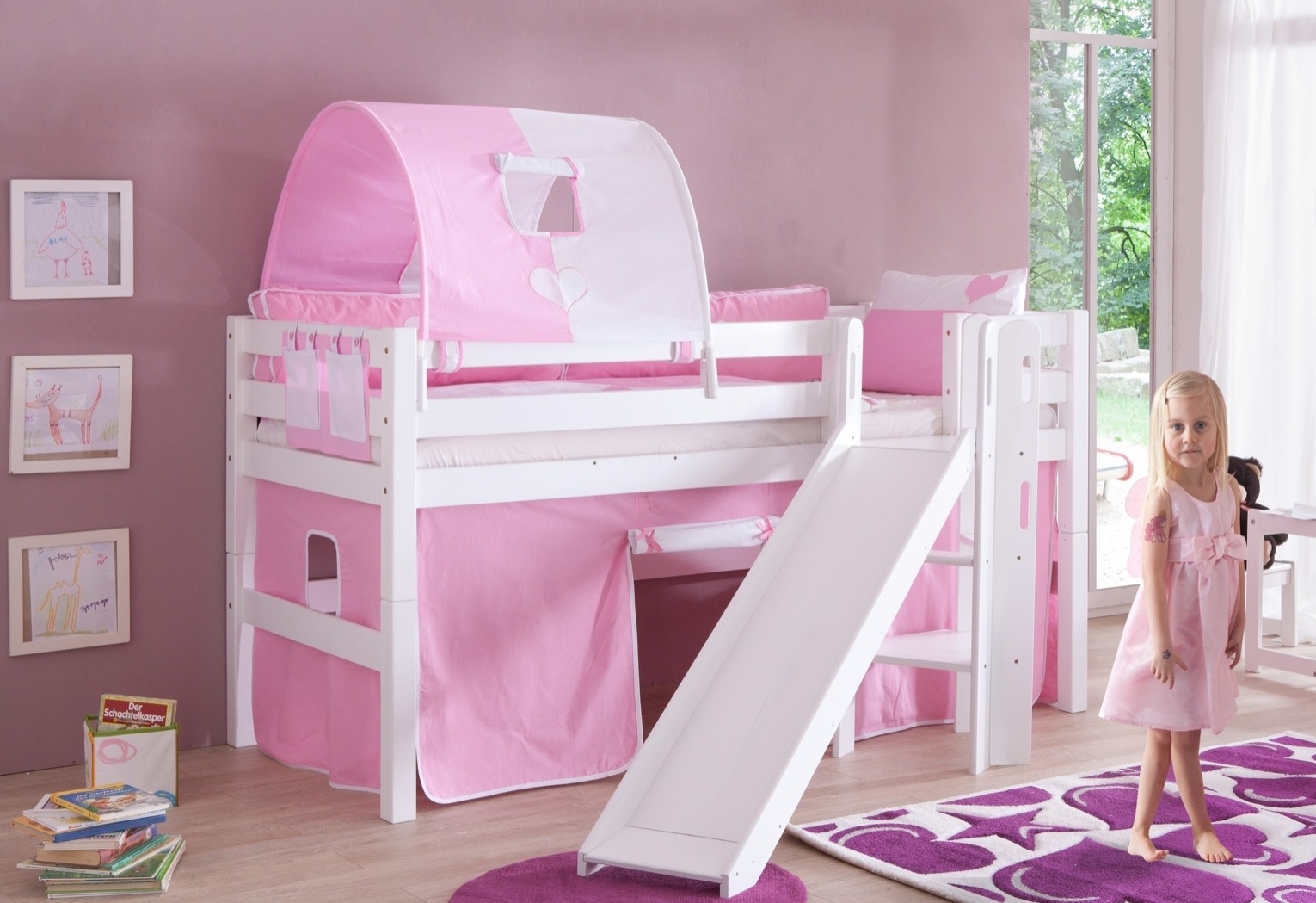 Relita Hochbett »Eliyas«, inkl. Rolllattenrost, mit Leiter, Rutsche u. Textilset, massiv Buche