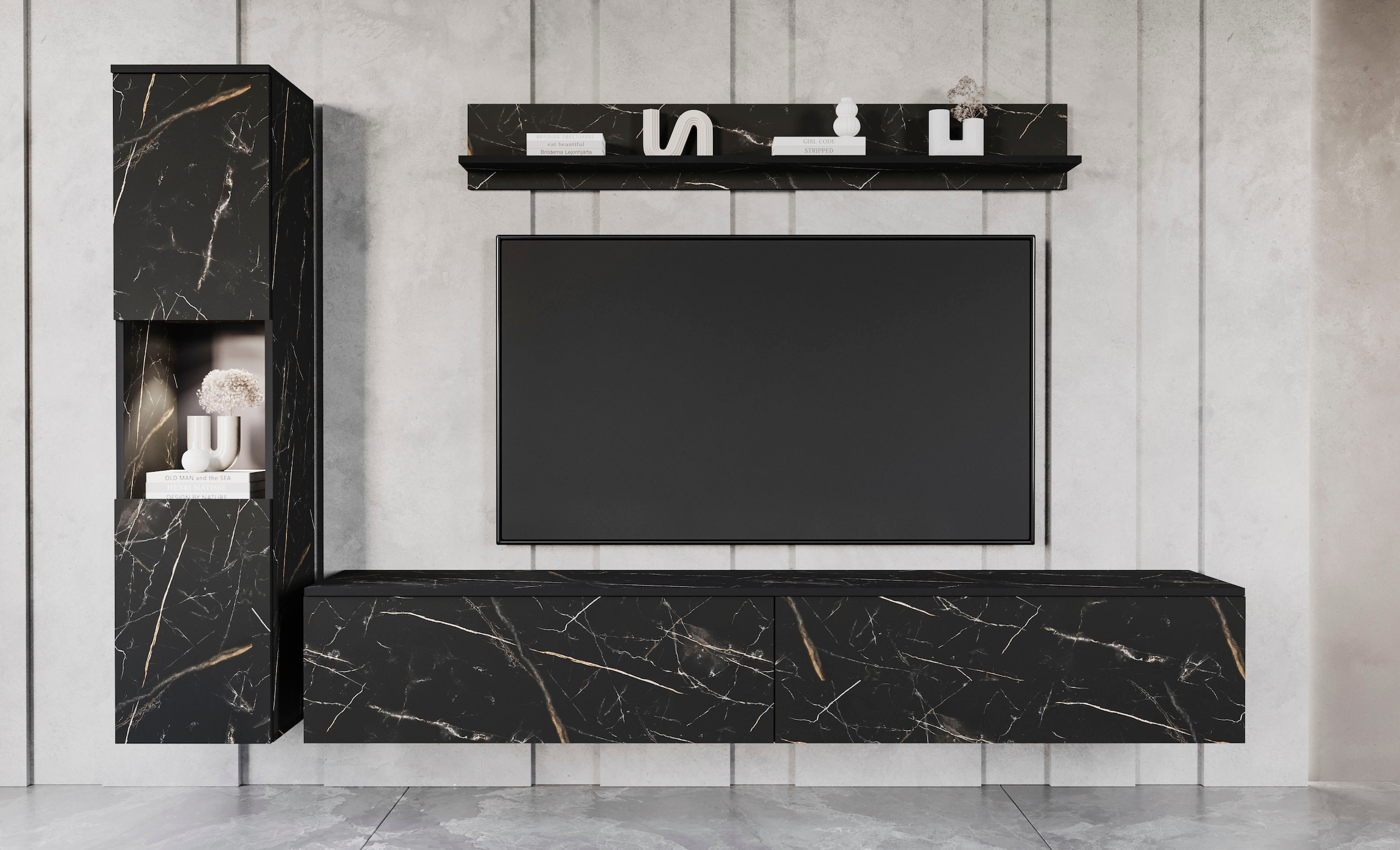INOSIGN Wohnwand »PARIS, Vitrine Türanschlag links/rechts wechselbar«, (Komplett-Set, 3 St.), grifflose Design, stehend und hängend montierbar