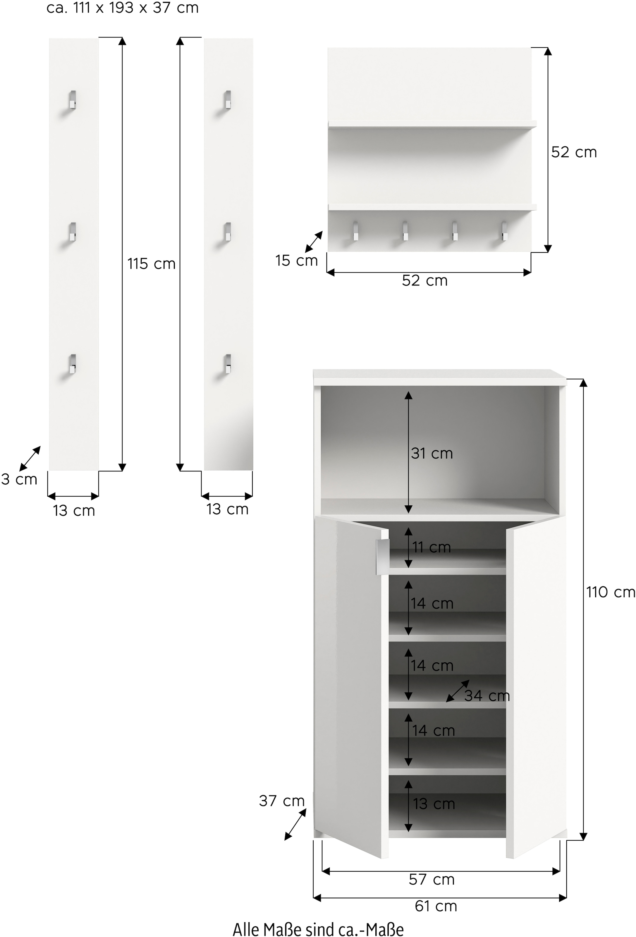 INOSIGN Garderoben-Set, (3 St.), Trondheim, Garderobenset 3-tlg.Breite 111 cm, Flur, Diele, Kombination