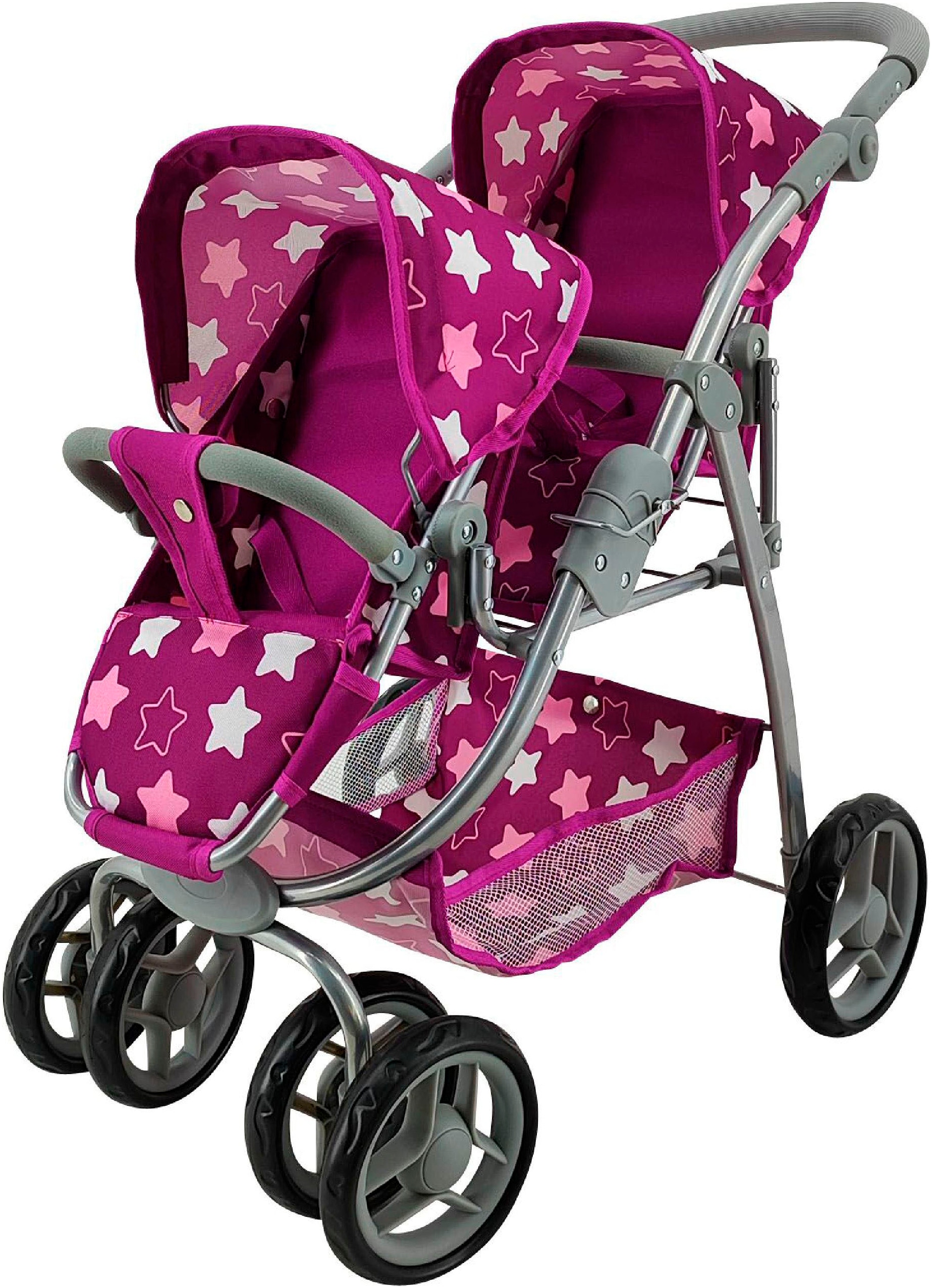 KNORRTOYS Kinder Puppen-Zwillingsbuggy "Milo", rosa, Kunststoff, Metall, Polyester, B:46cm H:73cm T:67cm, Puppenwagen