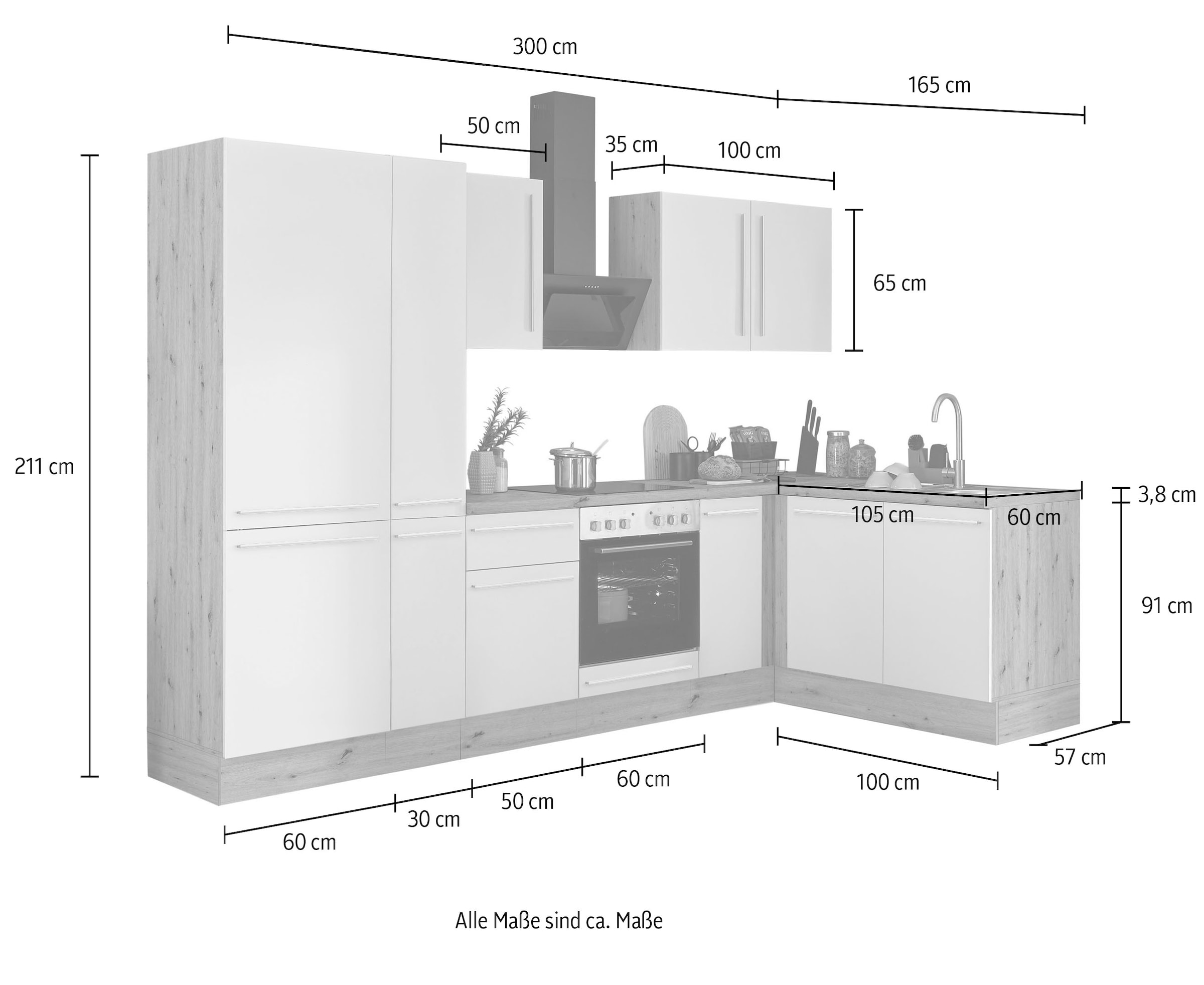 KOCHSTATION Winkelküche »Florida, Stellbreite 300x165 cm«, wahlweise mit E-Geräten, mit Softclose für Türen und Schubkästen