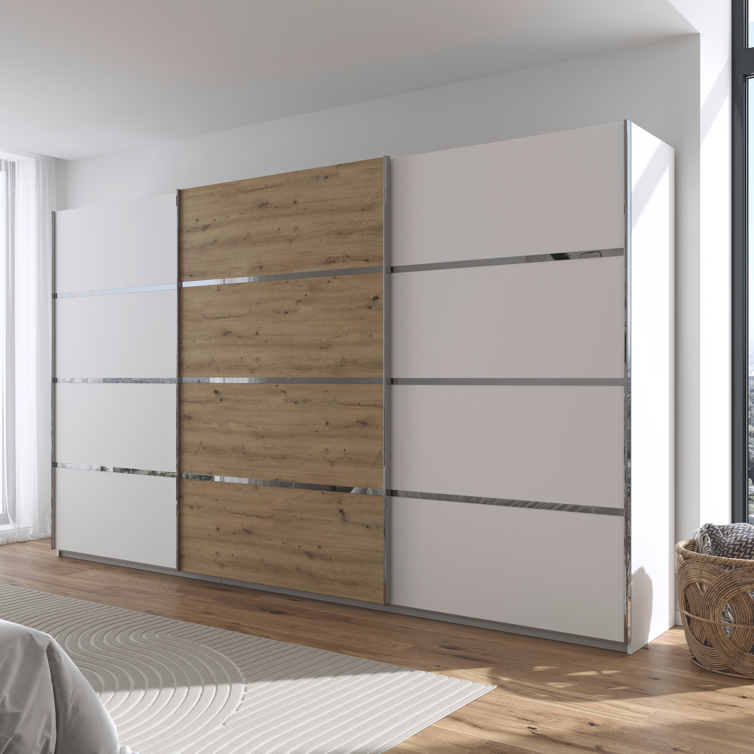 rauch Kleiderschrank »Schwebetürenschrank OTTO´s Choice Garderobe Schrank TOP ANGEBOT Avola«, (in 3 verschiedenen Ausstattungen BASIC/CLASSIC/PREMIUM), mit eleganten Zierleisten in Chrom, Schwarz oder Weiß MADE IN GERMANY