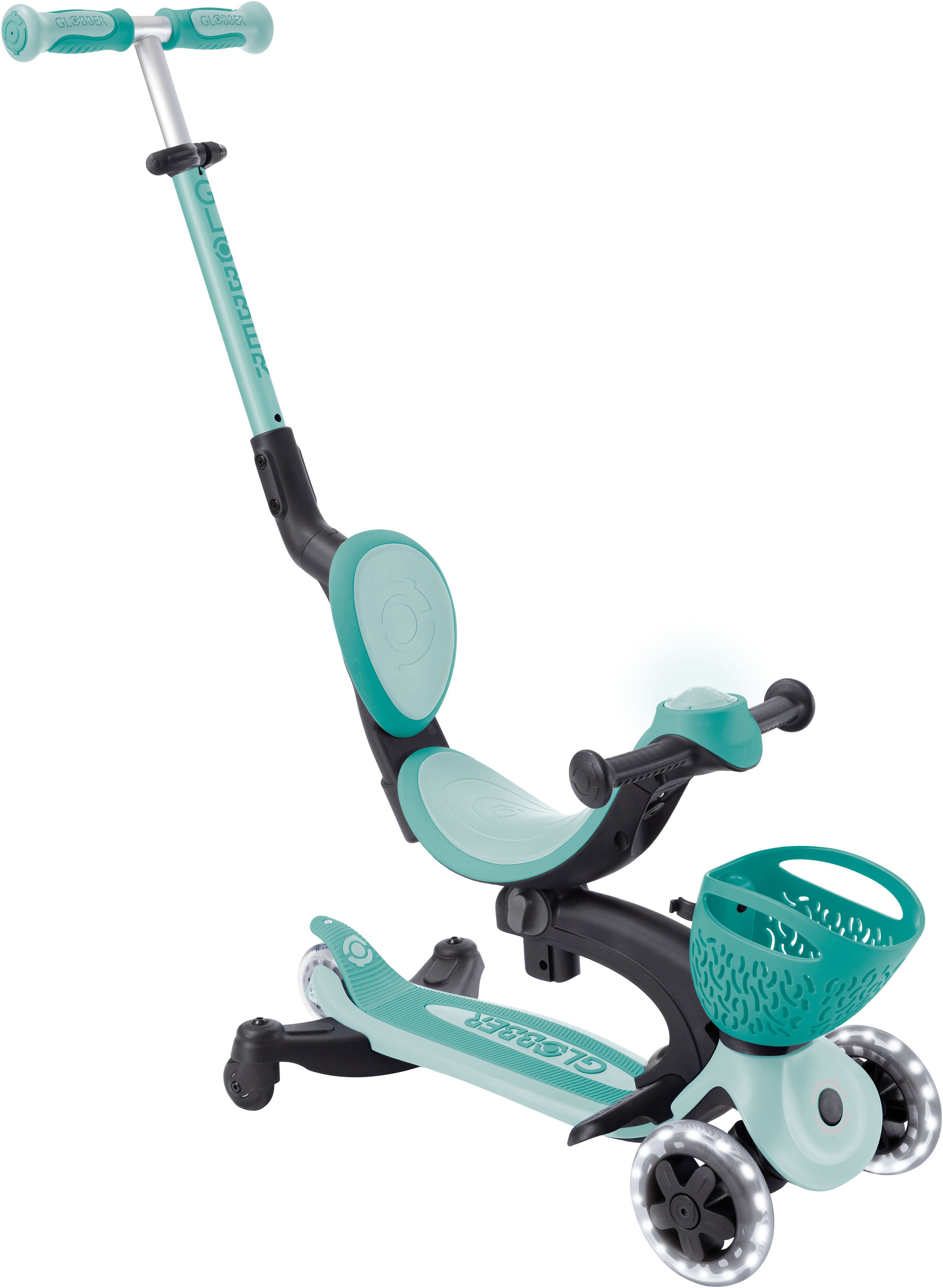 Globber Tretroller »GO-UP BABY 360 LIGHTS, mit Leuchtrollen und Leuchtmodul« Aufsitzrad, Laufrad und Scooter in Einem