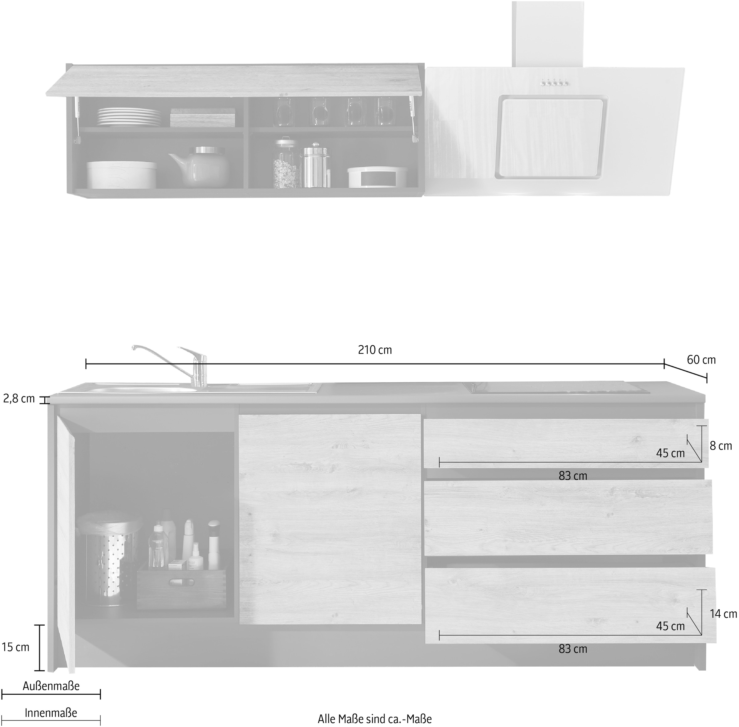 BASIC by Balculina Küchenzeile »Less«, (Set), ohne E-Geräte, Breite 210 cm + 150 cm
