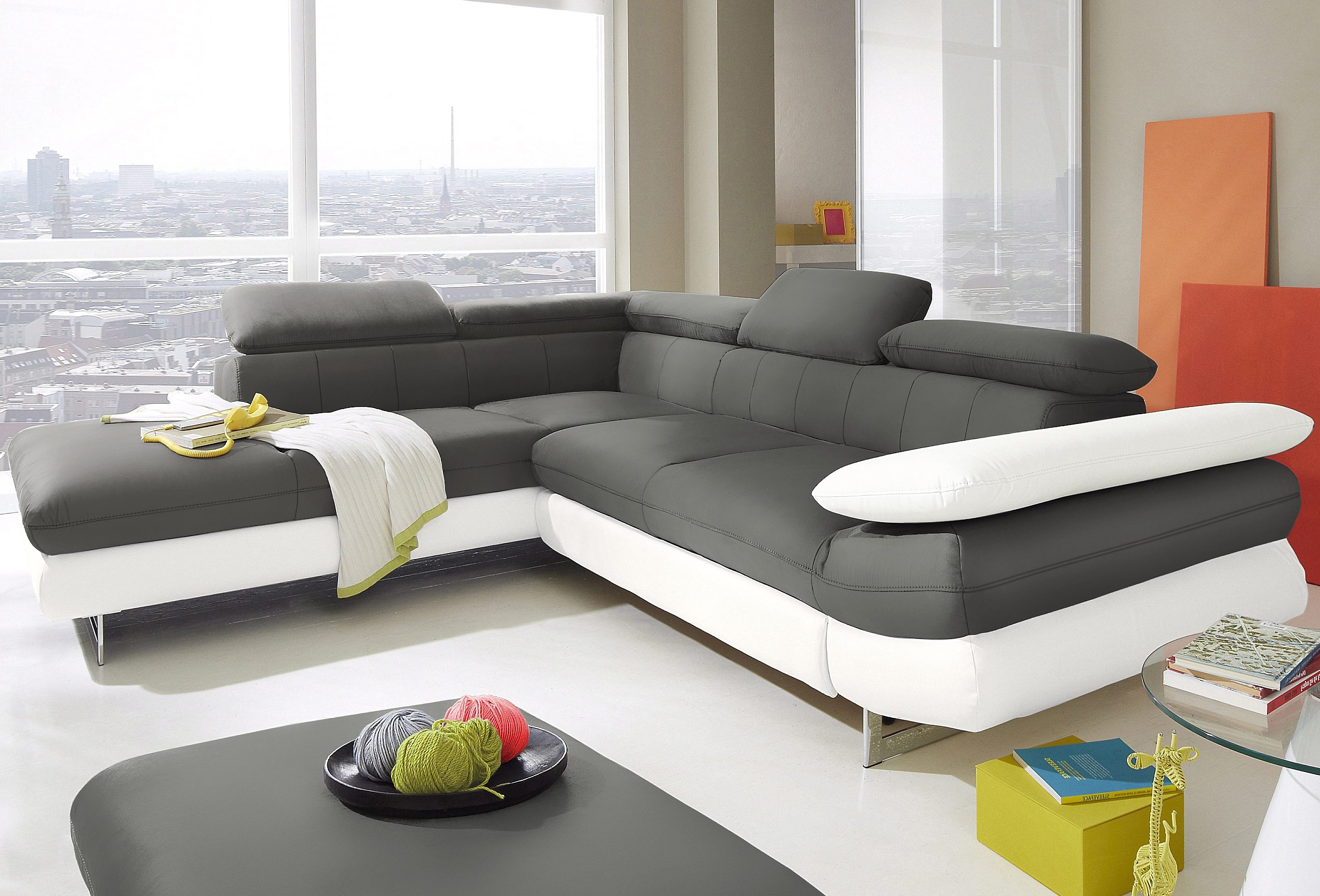 COTTA Ecksofa "Solution L-Form, Design Sofa, bequeme Wellenunterfederung, Design Fuß" mit Arm- & Kopfteilverstellung, wahlweise mit Schlaffunktion
