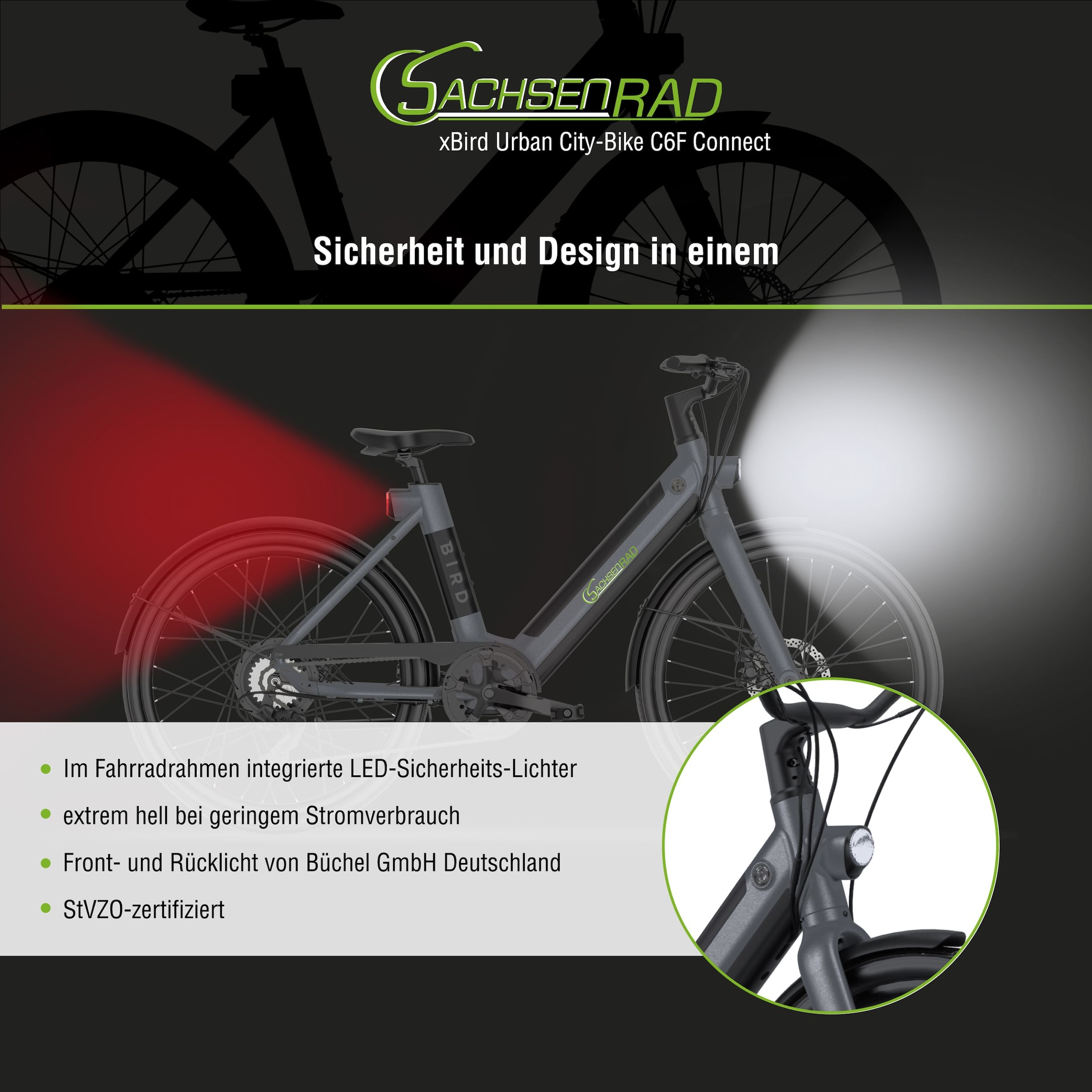 SachsenRad »SachsenRAD xBird Urban E-City-Bike C6F Connect« 7 Gang Shimano Kettenschaltung Heckmotor 250 W