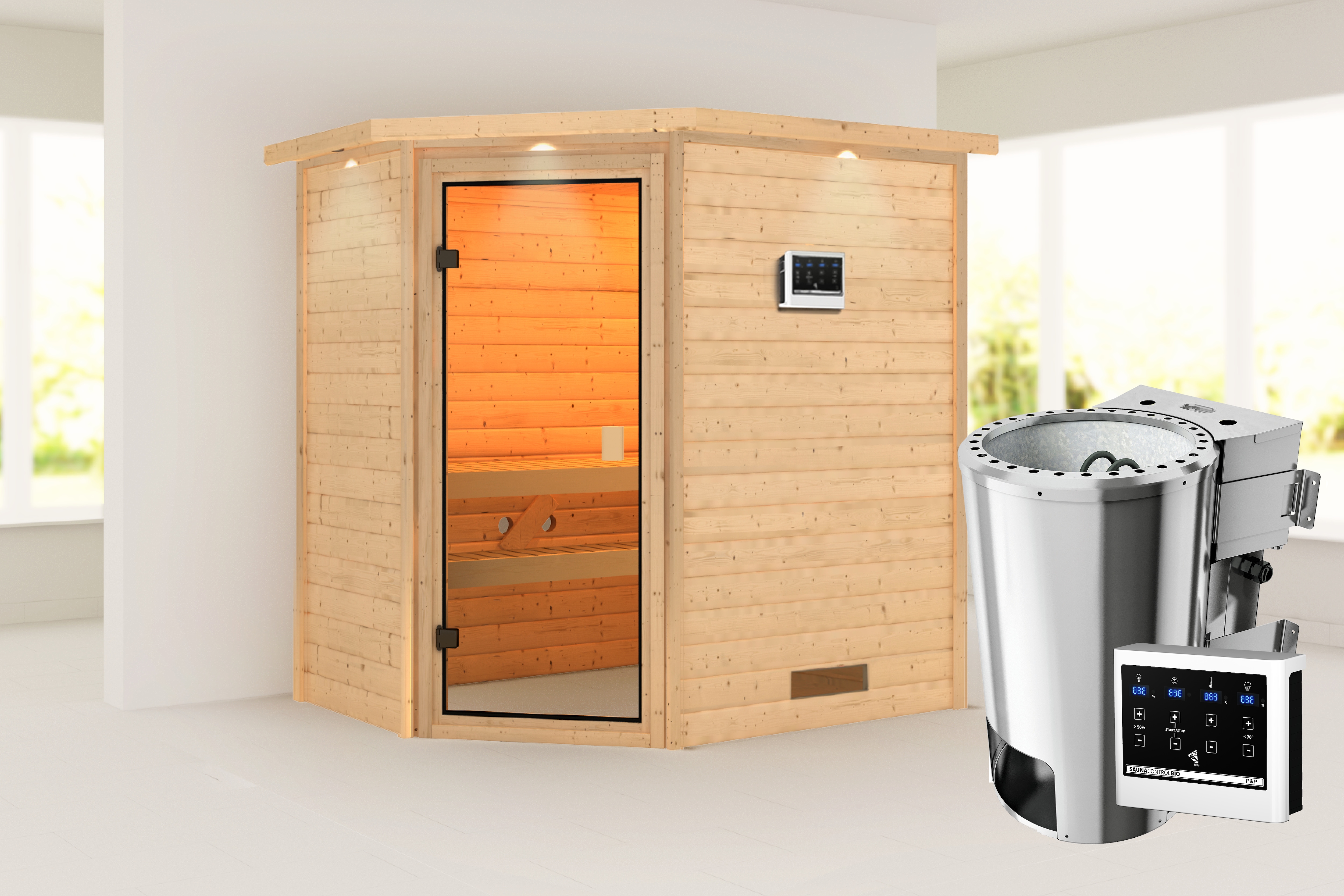 Karibu Sauna ""Juli" mit bronzierter Tür und Kranz, naturbelassen" aus hochwertiger nordischer Fichte