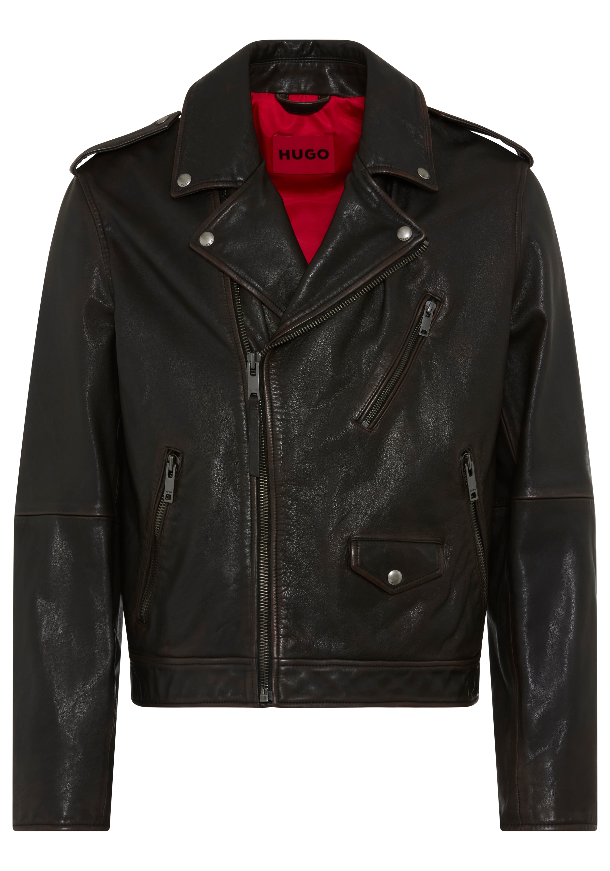 HUGO Lederjacke "Levon" ohne Kapuze Biker-Style, echtes Leder, Reißverschlüsse