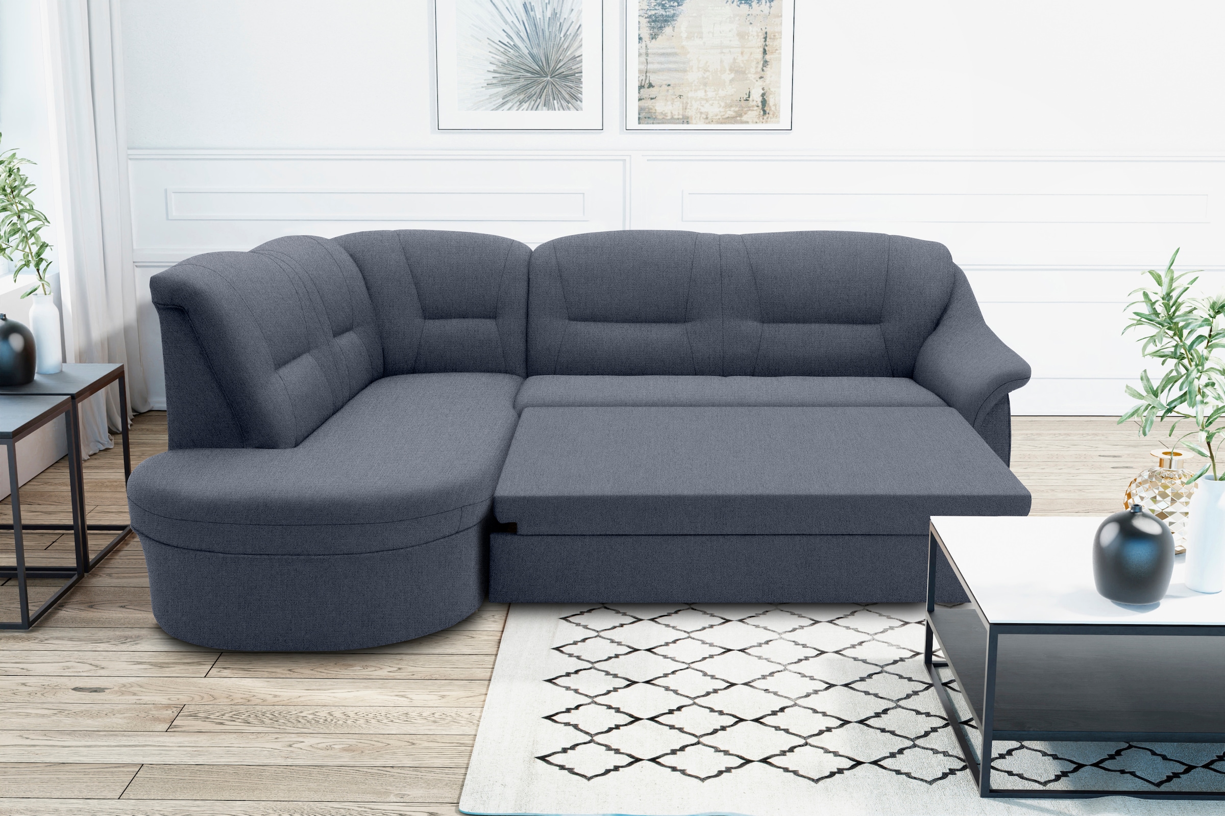 DOMO collection Ecksofa »Faenza für kleine Räume, Stellmaße 232,176cm, komfortabel, L-Form«, mit Ottomane, zeitlos, elegante Armlehnen, wahlweise mit Bettfunktion