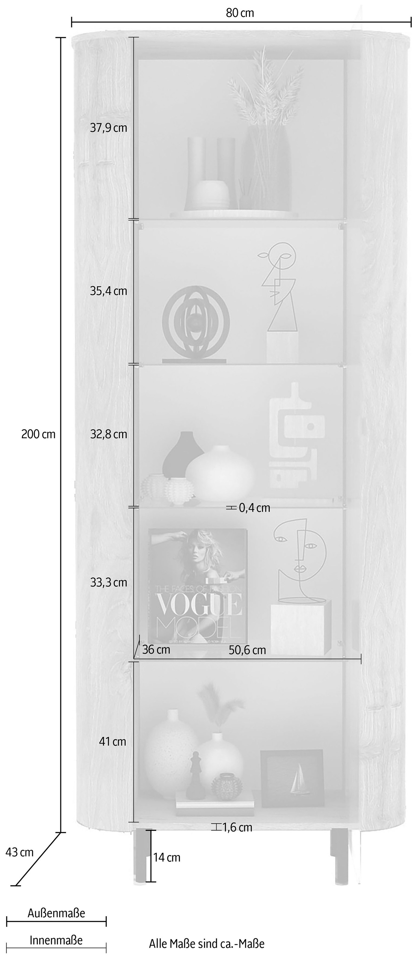 INOSIGN Vitrine »Murano, Standvitrine H 200 cm, B 80 cm, 1 Tür, Vitrinenschrank« Formgebogenes MDF, Stirnseiten mit Rundung, Metallfüße, stilvoll