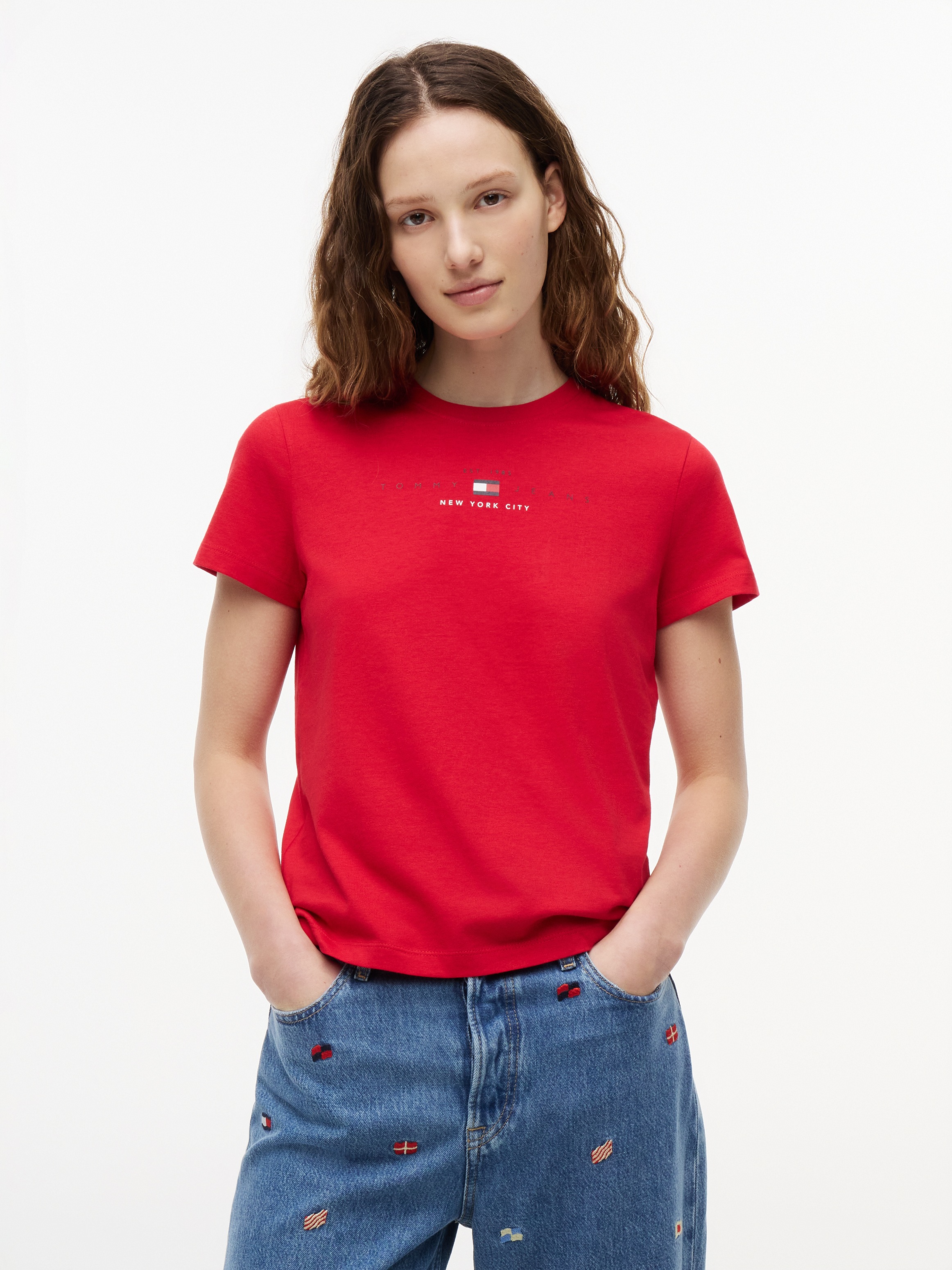 Tommy Jeans Kurzarmshirt "TJW REG US LINEAR SS TEE" Baumwollmischung, regular fit, Logo