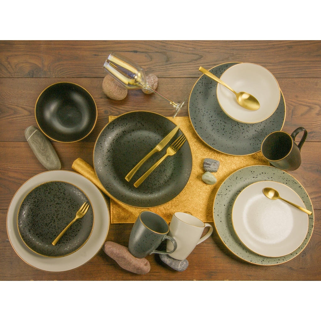 CreaTable Kombiservice »Geschirr-Set Industrial Gold«, (Set, 16 tlg., Kaffeeservice und Tafelservice im Set, für 4 Personen), Service, Sprenkelglasur, 16 Teile, für 4 Personen