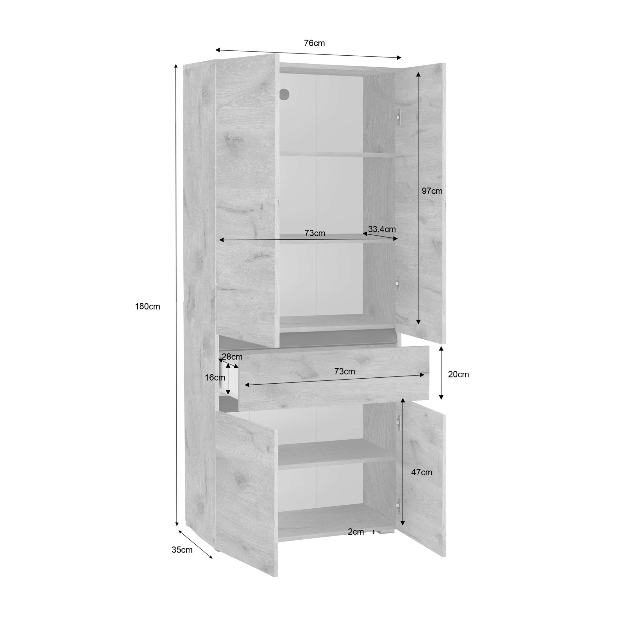 Home affaire Hochschrank »Wisla«, mit 4 Türen & 1 Schublade, Breite 76 cm, Höhe 180 cm