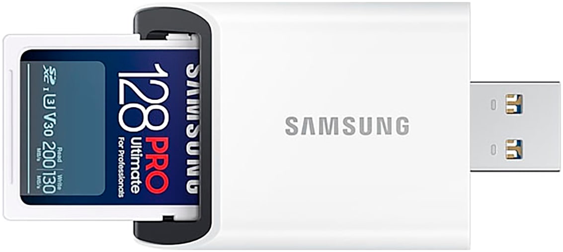 Samsung Speicherkarte »SD PRO Ultimate + USB Adapter« (128 GB Video Speed Class 30 (V30)/UHS Speed Class 3 (U3) 200 MB/s Lesegeschwindigkeit)