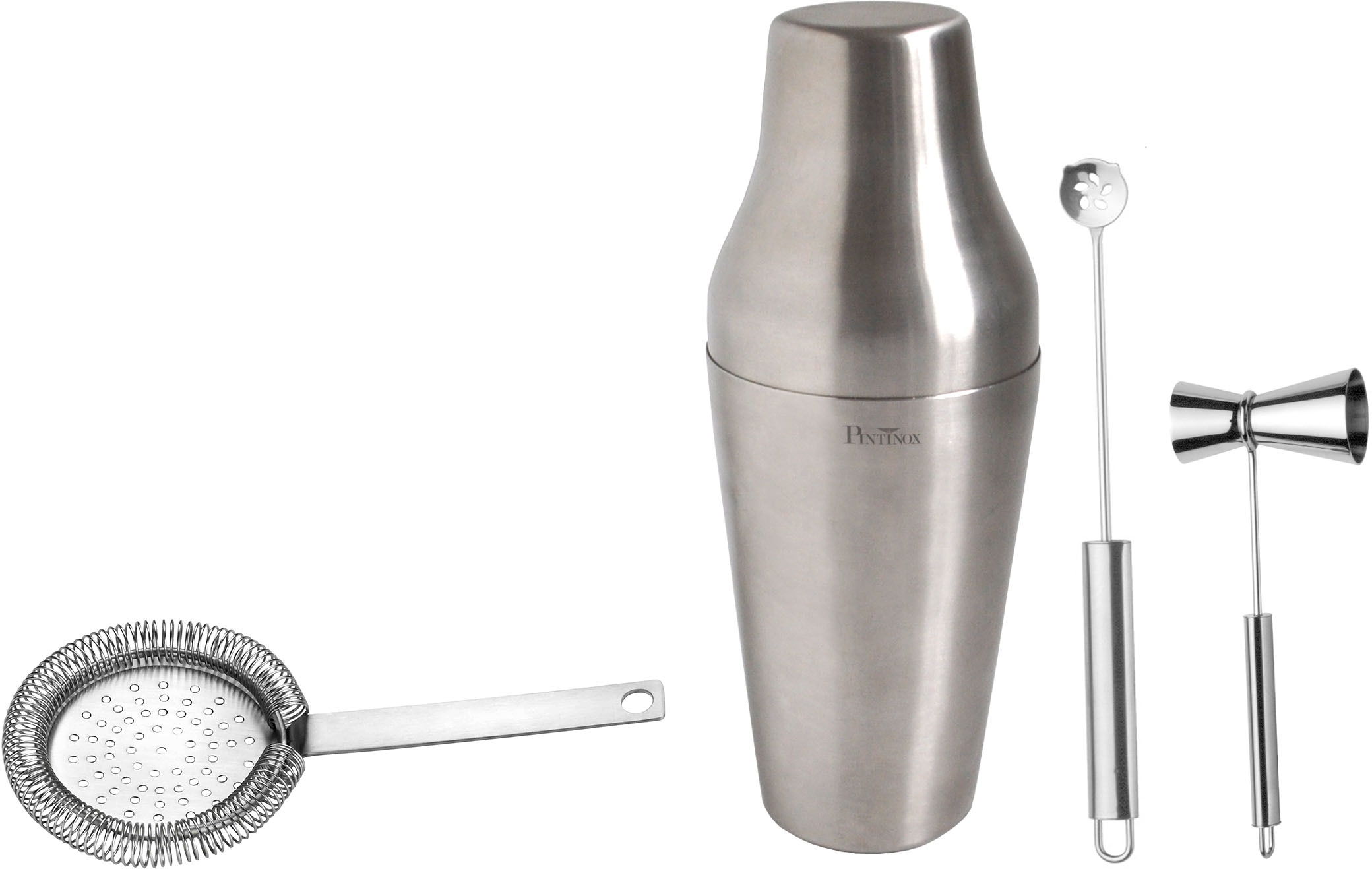 PINTINOX Cocktail Shaker »Bar Professional«, (Set, 4 tlg.), inkl. Cocktailsieb, Doppeldosierer, Mixlöffel,spülmaschinengeeignet