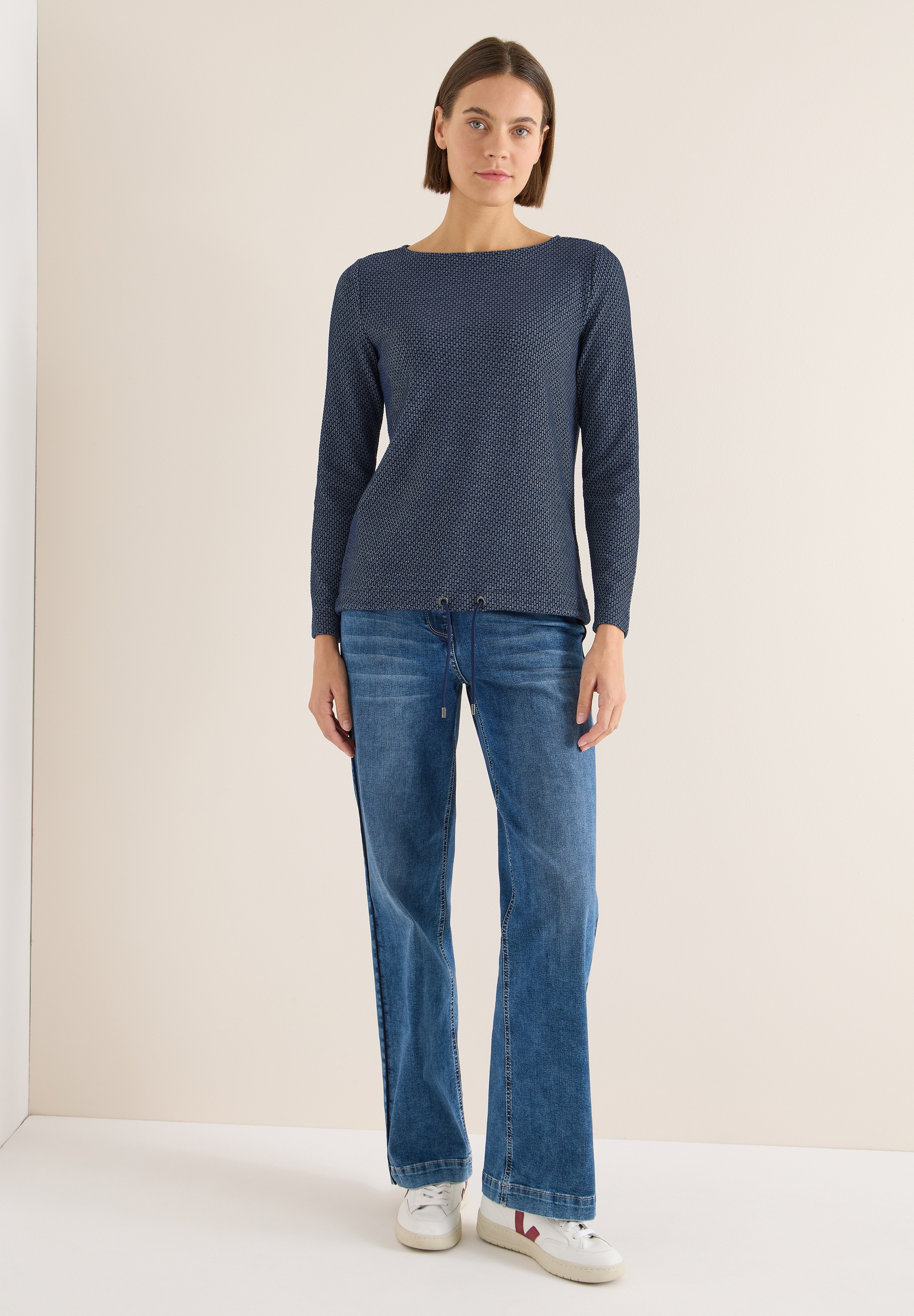 Langarmshirt CECIL, Damen, Gr. S (38), urban dunkelblau, Stoff, 64% Polyester, 32% Viskose, 4% Elasthan, unifarben, normal normal, U-Boot-Ausschnitt, abgesteppt, Shirts Langarmshirt, mit U-Boot-Ausschnitt 2