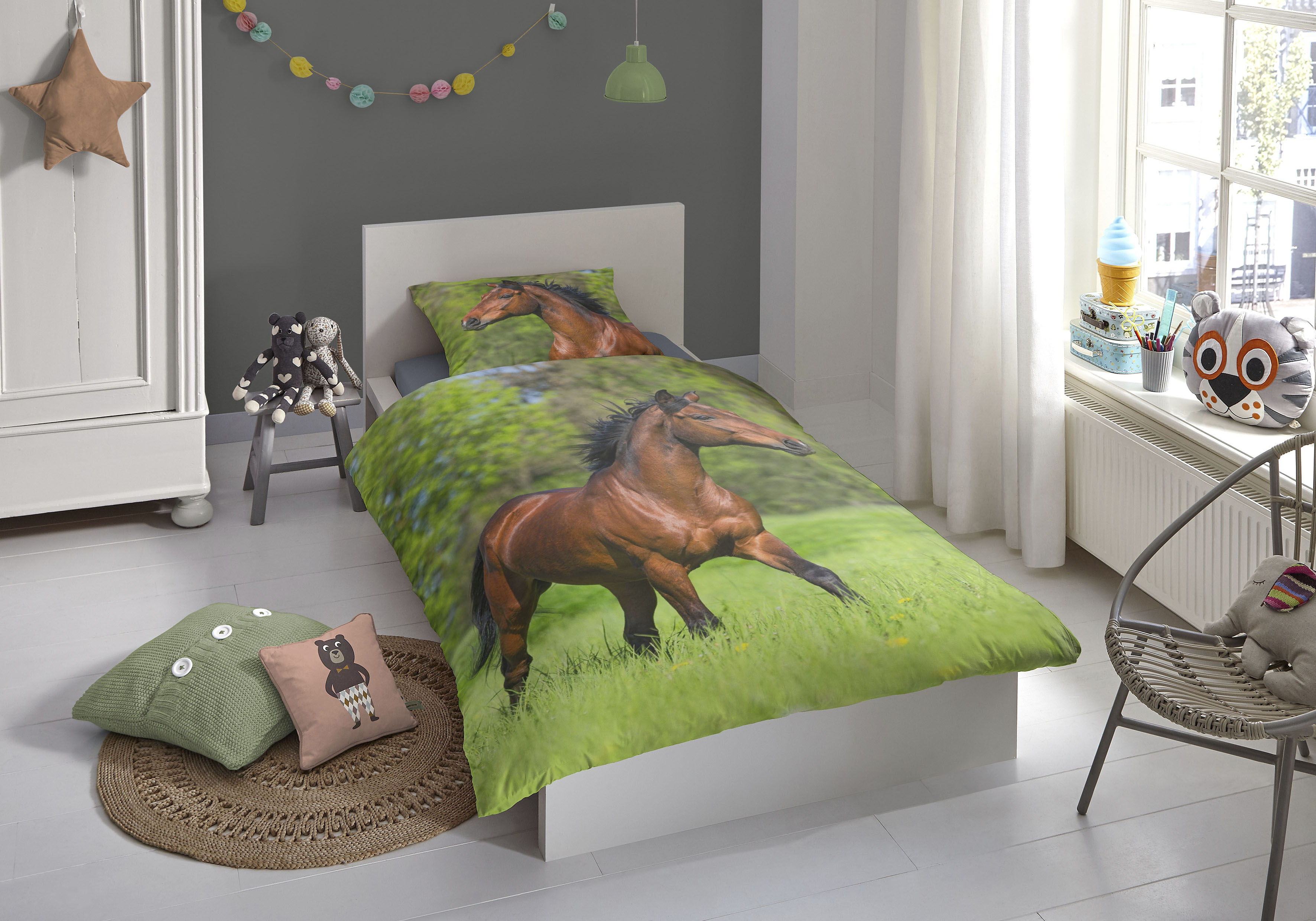 good morning Kinderbettwäsche "Running horse" 2 Stk. Baumwolle, 135x200, 2 Teilig, Reißverschluss, Kind, Mädchen, Pferd