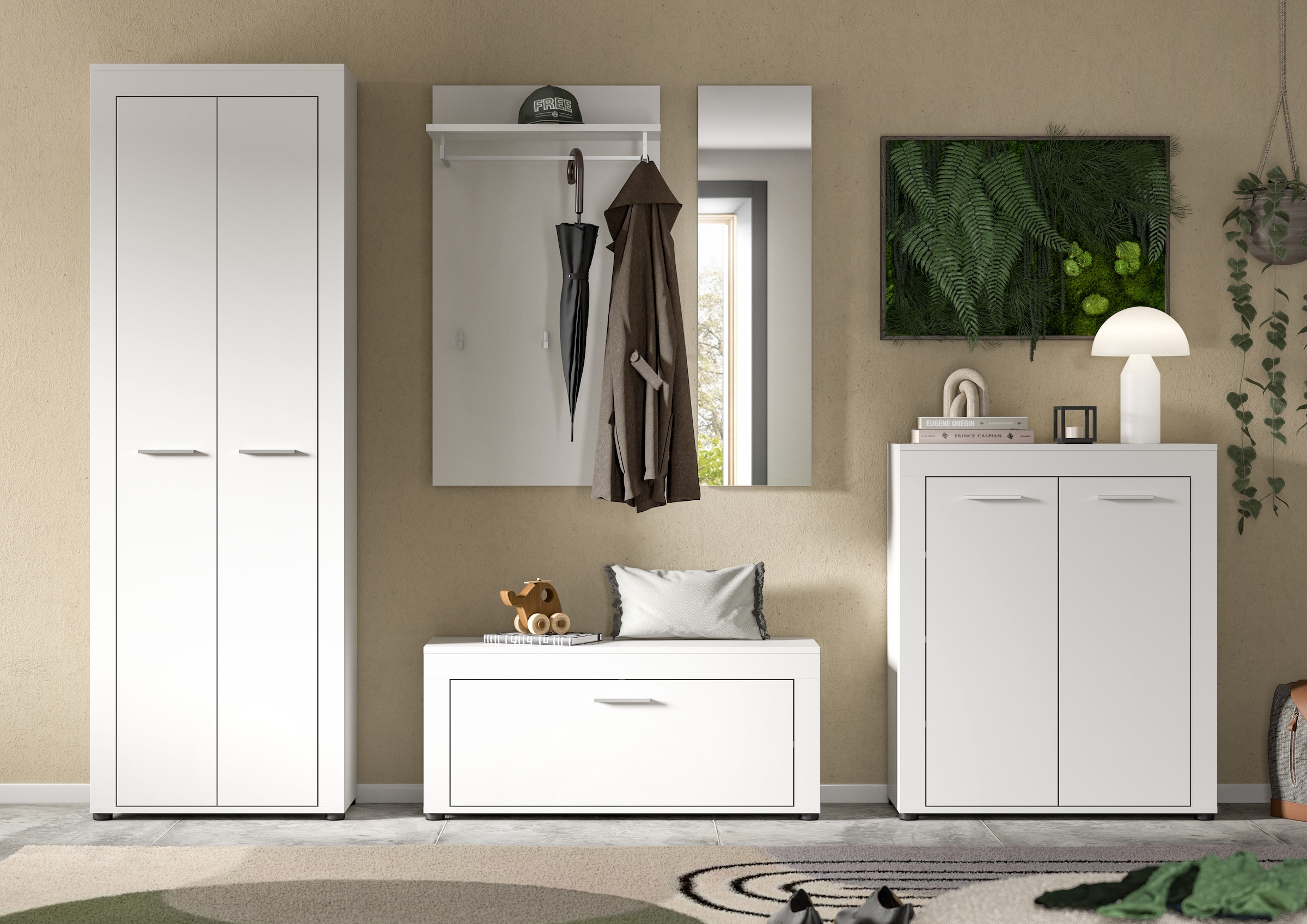 OTTO home Garderoben-Set "AOSTA, Breite 285cm, 5-teilige Garderobenkombination" Set, bestehend aus: Garderobenschrank, Sitzbank, Paneel, Spiegel & Kommode, 5 Stk. tlg.