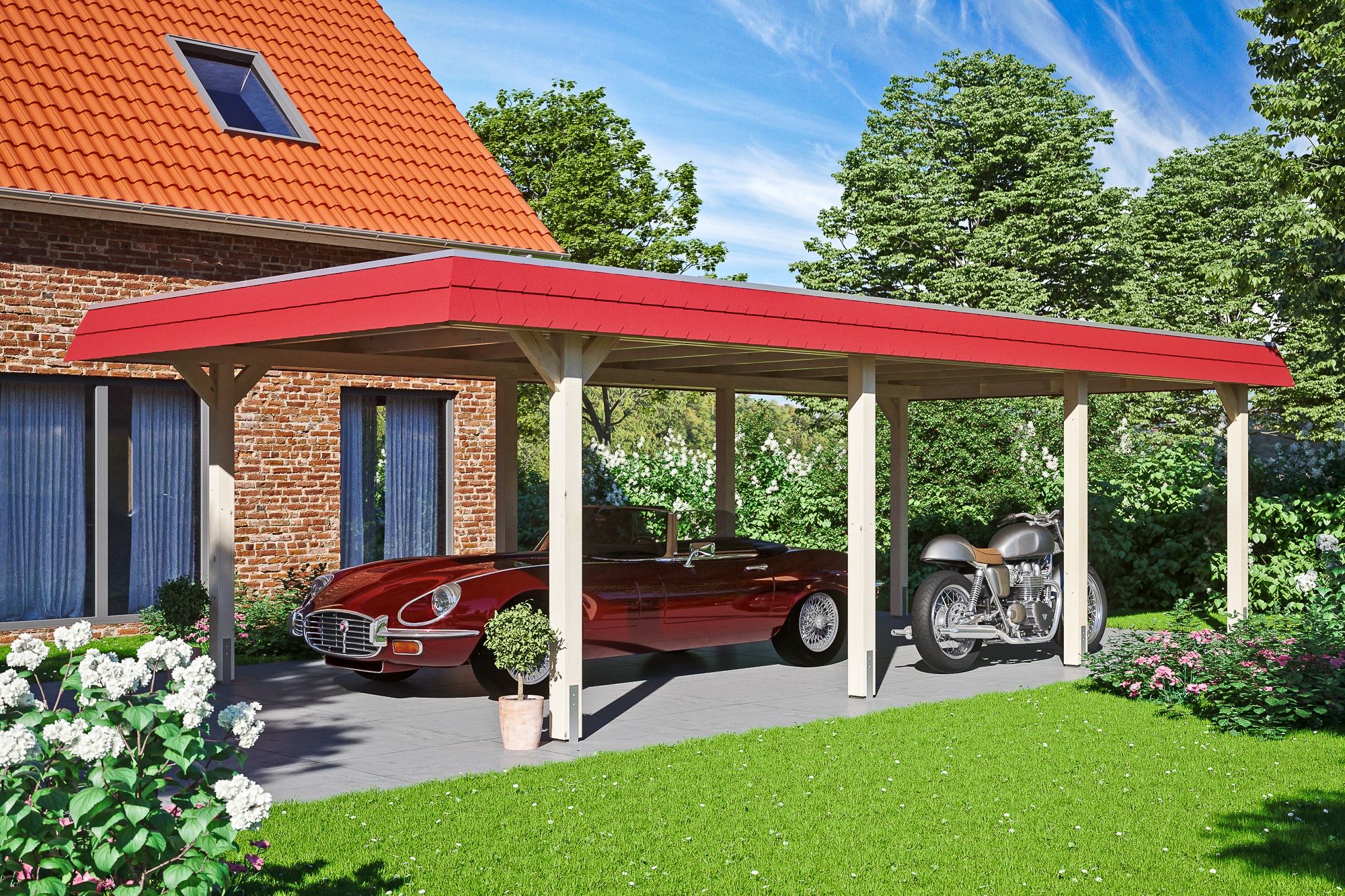 Skanholz Einzelcarport »Wendland«, Leimholz-Fichte, 341 cm, Natur, mit EPDM-Dach, rote Blende