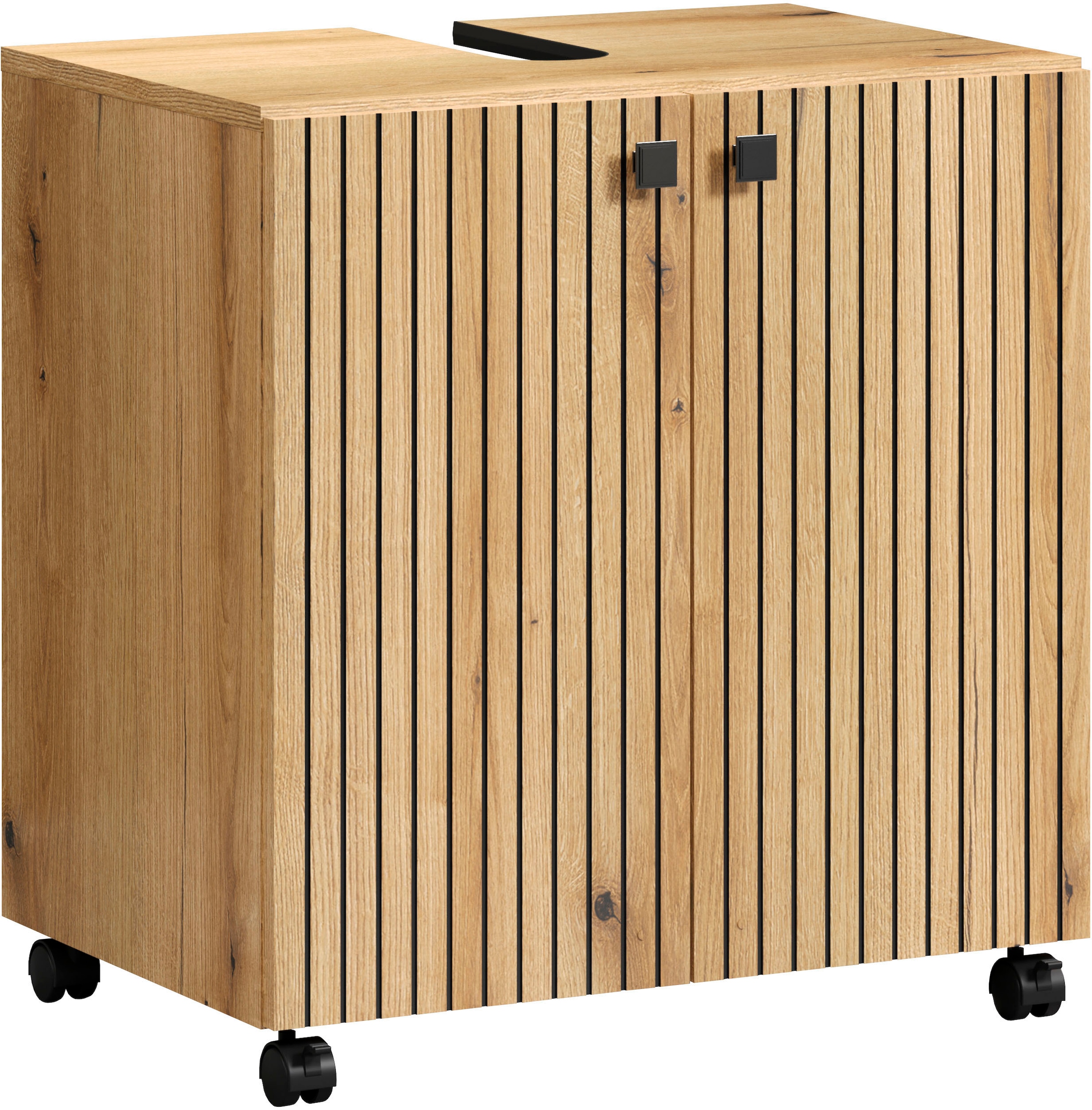 welltime Waschbeckenunterschrank »Amrum WBU Badschrank mit Siphonausschnitt Unterbeckenschrank«, BxHxT 60 x 64 x 42cm Waschbeckenunterschrank Eiche Rillenoptik