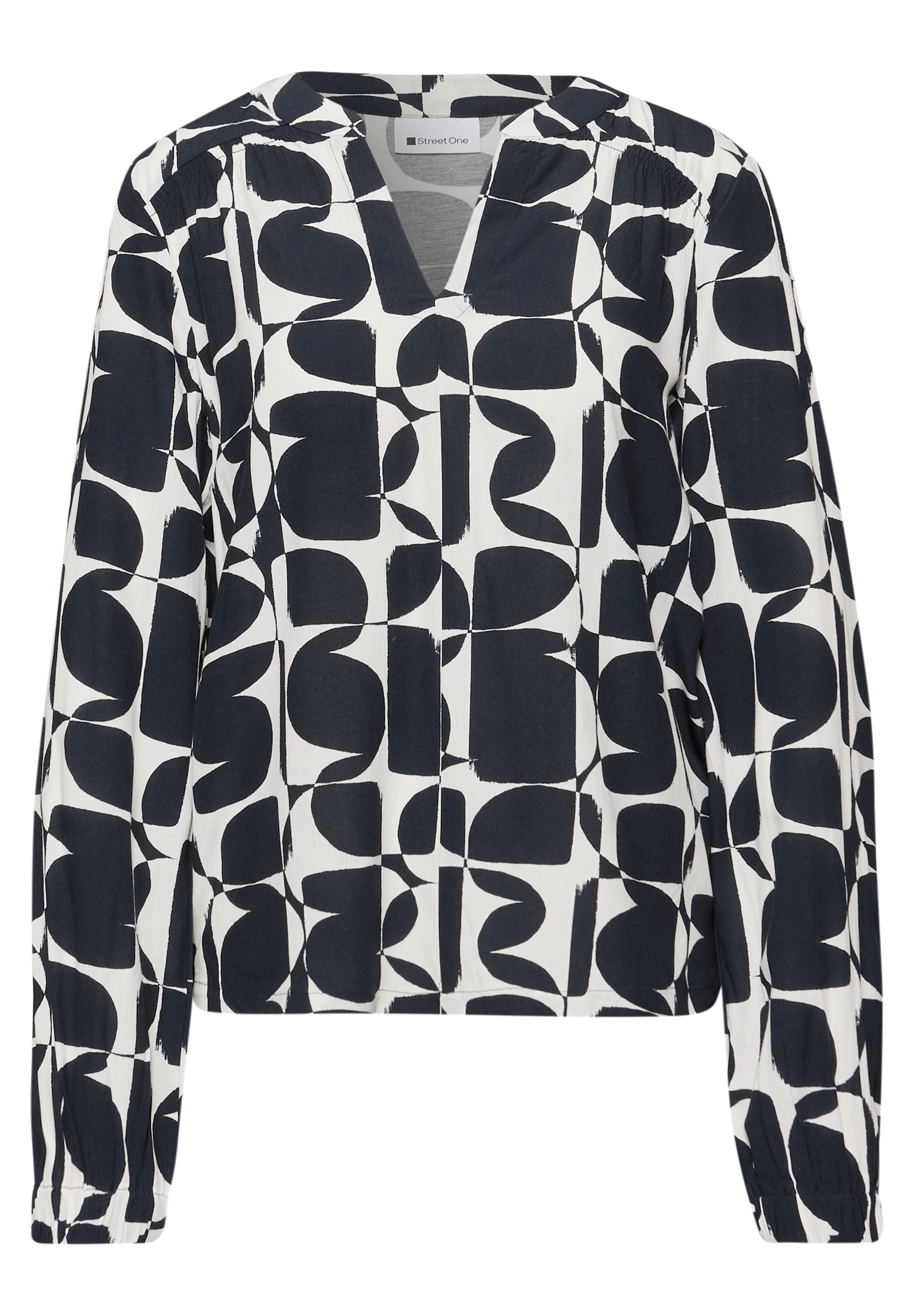 Langarmshirt STREET ONE, Damen, Gr. 38, shadowed navy, Stoff, Vorderseite: 100% Viskose; Ärmel: 100% Viskose; Rückseite: 95% Viskose, 5% Elasthan, gemustert, comfort fit normal, Rundhals, Bündchen, Shirts Langarmshirt, mit Strukturmix 3