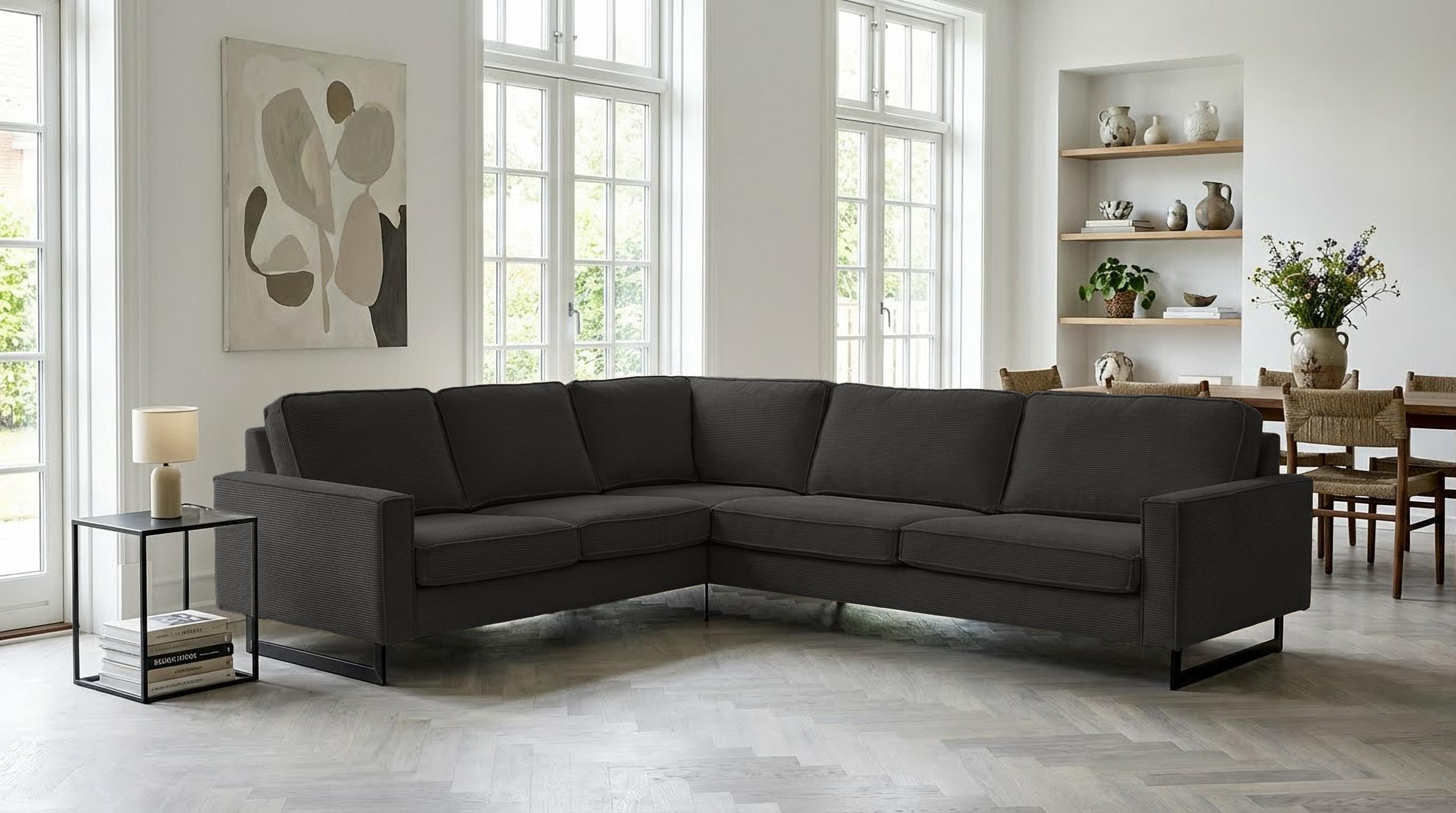 OTTO home Ecksofa "Pinto, XXL, 250/290 cm, langer Schenkel, Ottomane" Cord, Chenille, Lederoptik, mit Keder, Metallfüße, Wellenunterfederung