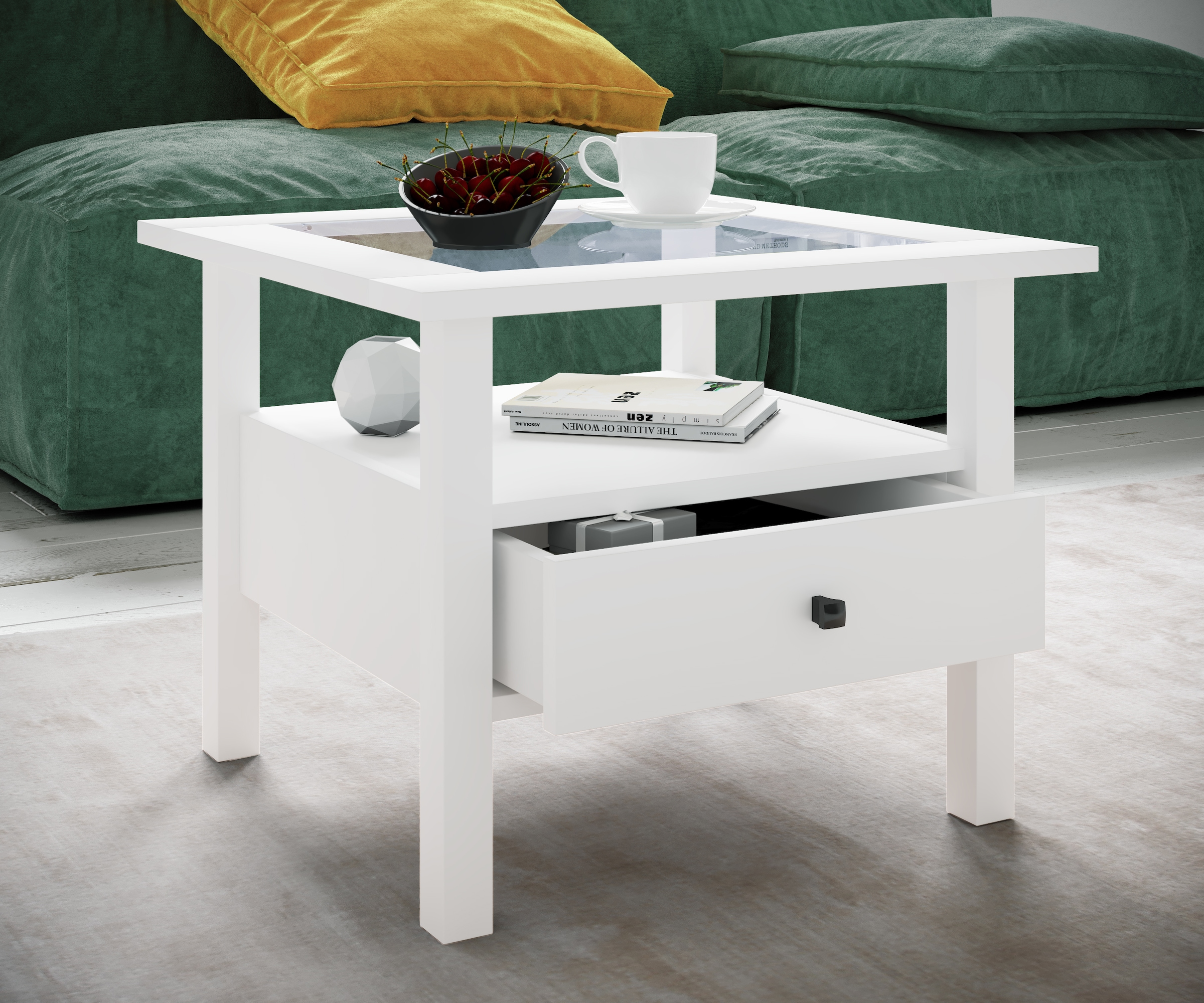 VCM Couchtisch »VCM Holz Beistelltisch mit ESG-Sicherheitsglas | Couchtisch schlicht | Maße ca. H. 42 x B. 54 x T. 54 cm | Wohnzimmertisch mit Schublade | Sofatisch - Lingis M«, (Lingis)