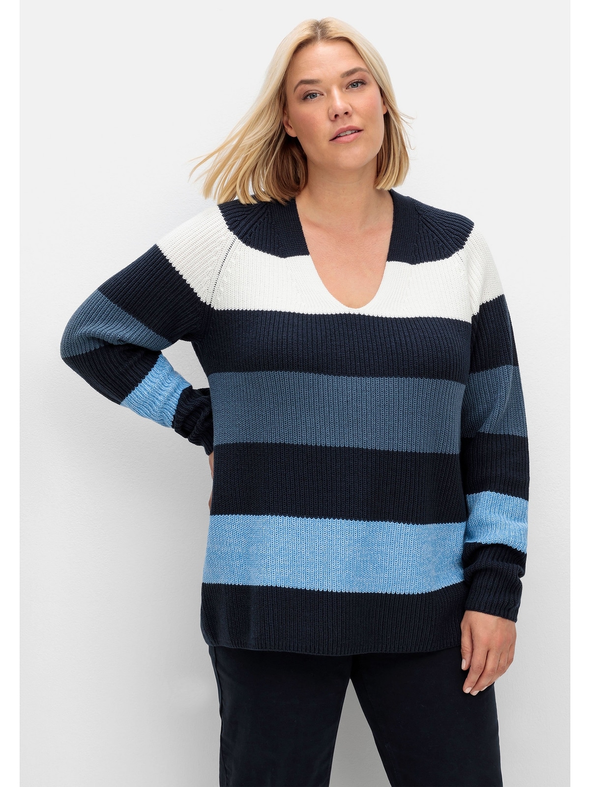 Sheego V-Ausschnitt-Pullover »Große Größen«, im Patentstrick, mit  Blockstreifen für kaufen | BAUR