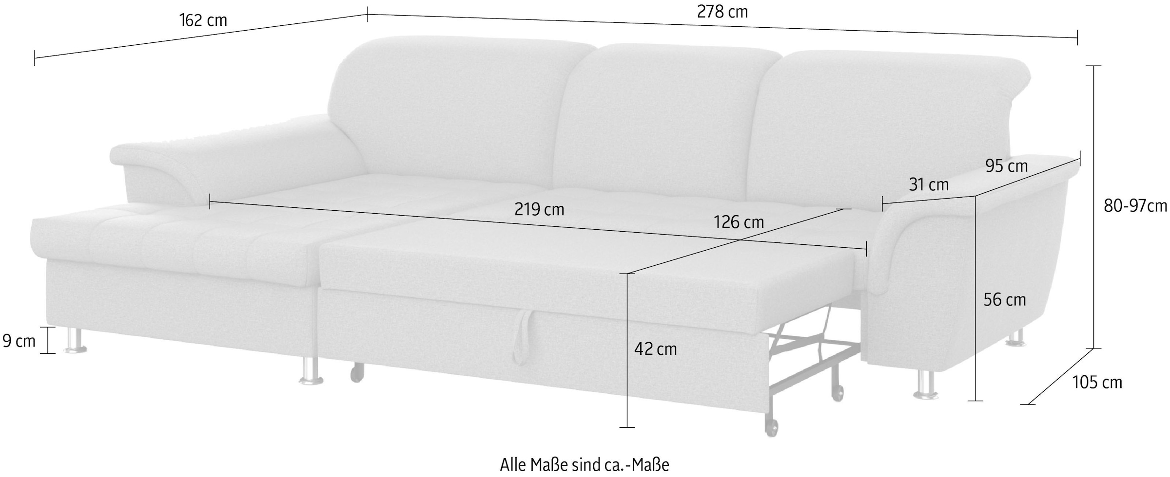 DOMO collection Ecksofa Franzi, wahlweise mit Bettfunktion, Bettkasten und Kopfteilverstellung