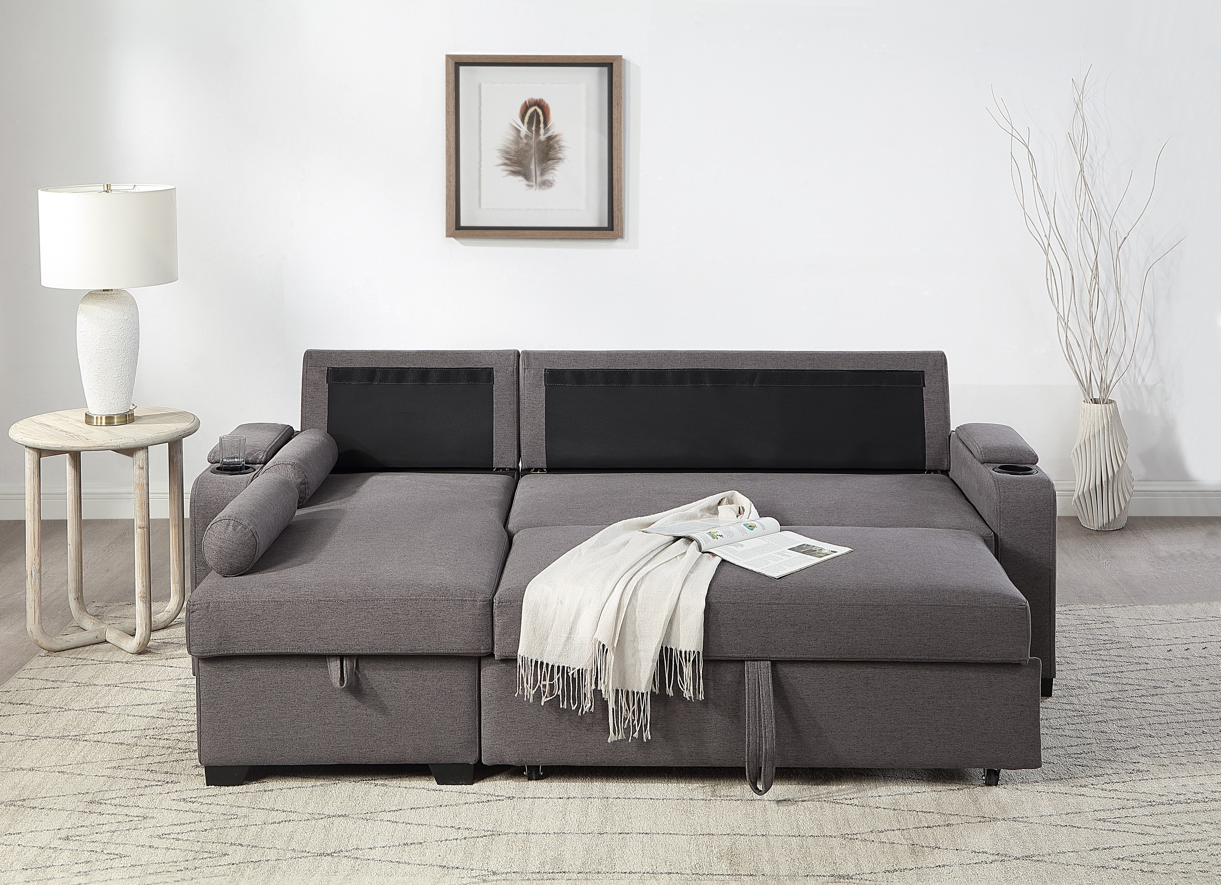 OTTO home Ecksofa "Gorje L-Form, B:216cm, Liegefläche: 125x200" mit Schlaffunktion, Stauraum, Becherhalter, Staufächer & Kissenrollen