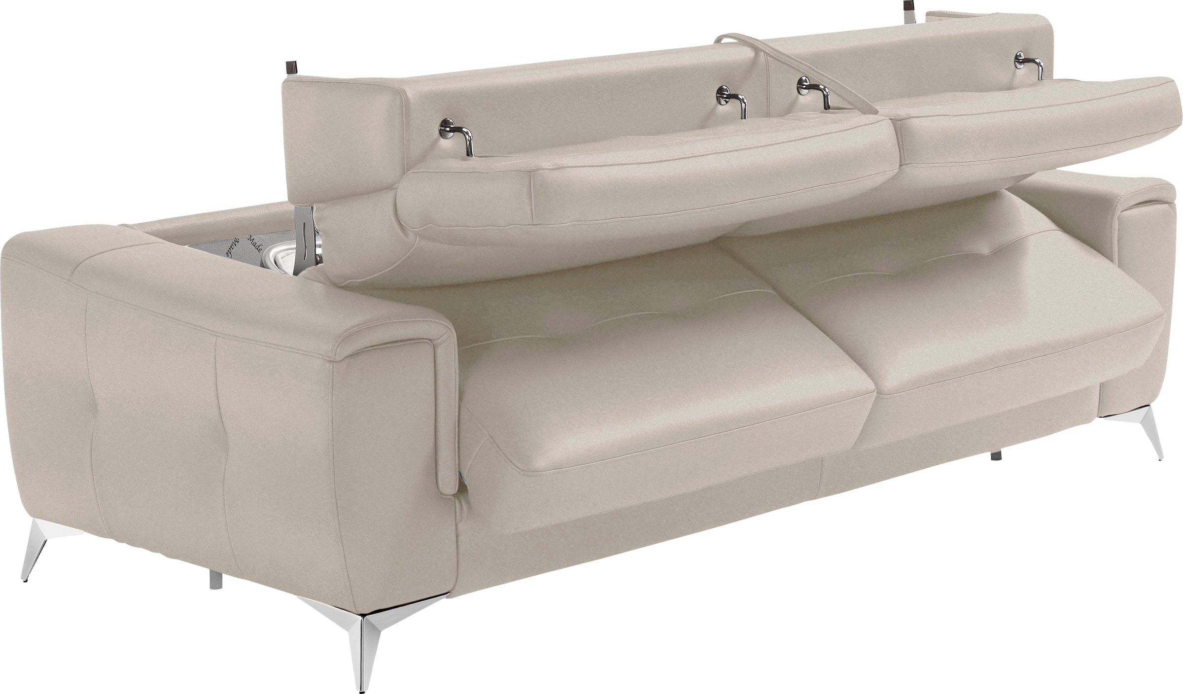 Egoitaliano Schlafsofa »Francine Designsofa, Loungesofa mit Dauerschlaffunktion, Breite 233 cm«, Bettfunktion, Luxus-Microfaser Lederoptik, opal grau, Fußfarbe chrom