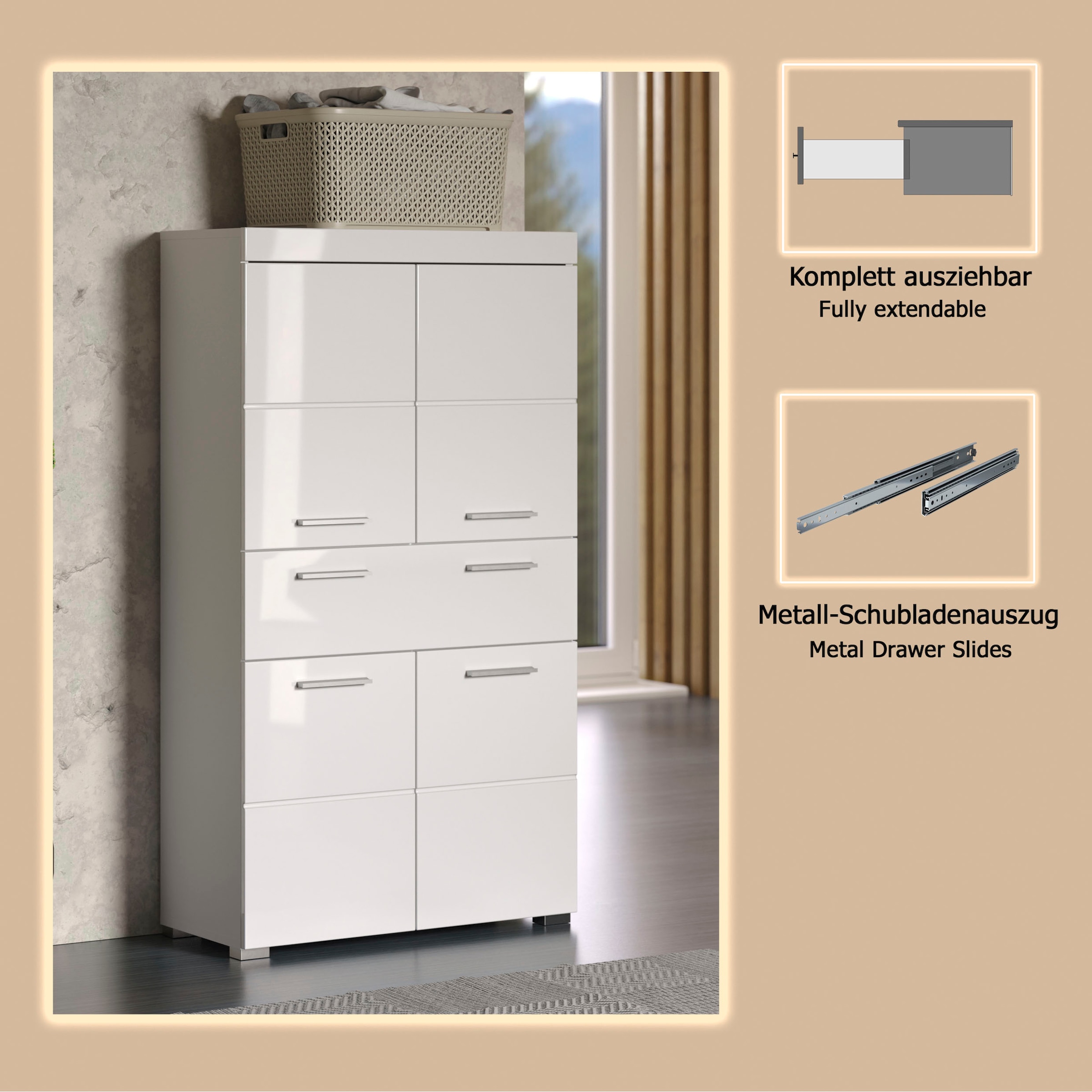 welltime Midischrank »Avena« Standschrank mit 4 Türen, 1 Schublade - (B/T/H) 73/31/130 cm
