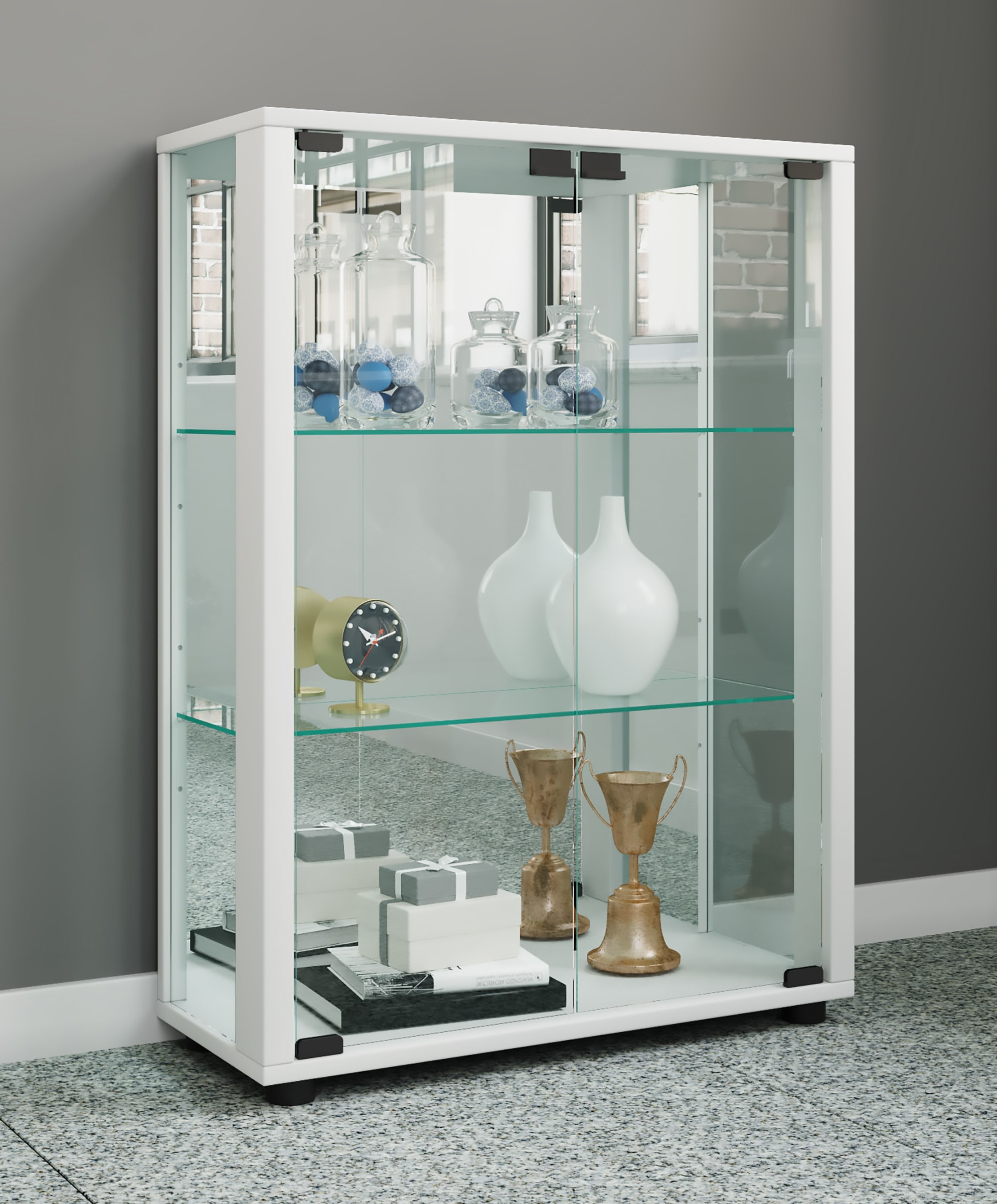 VCM Vitrine »VCM Glasvitrine stehend | Vitrine Glas mit ESG-Sicherheitsglas | Maße ca. H. 80 x B. 60 x T. 25 cm | Standvitrine Glas | Modern und platzsparend | Glas Vitrinenschrank ¿ Sintalo Spiegel«, (1 St.)