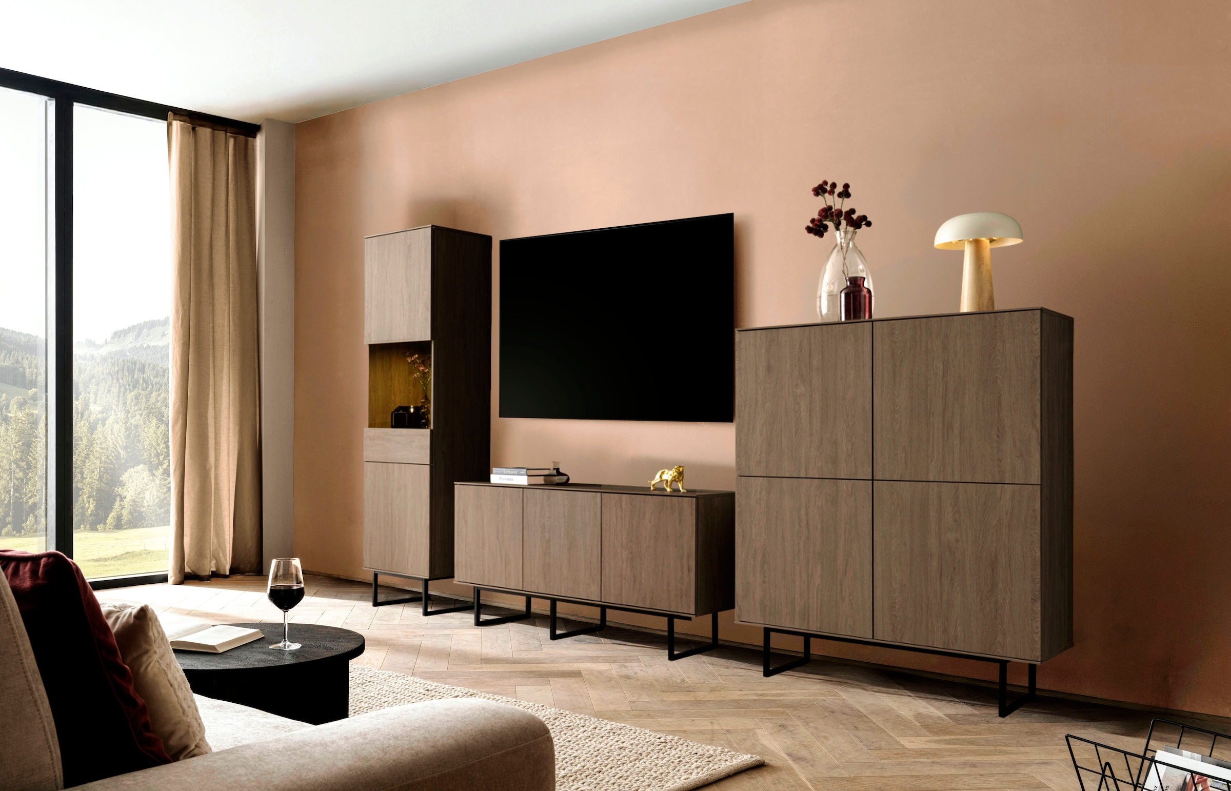 Home affaire Wohnzimmer-Set »Lund, moderne Anbauwand, Wohnzimmer-Set in Stone Oak oder Nussbaum« 3 Stk. tlg.