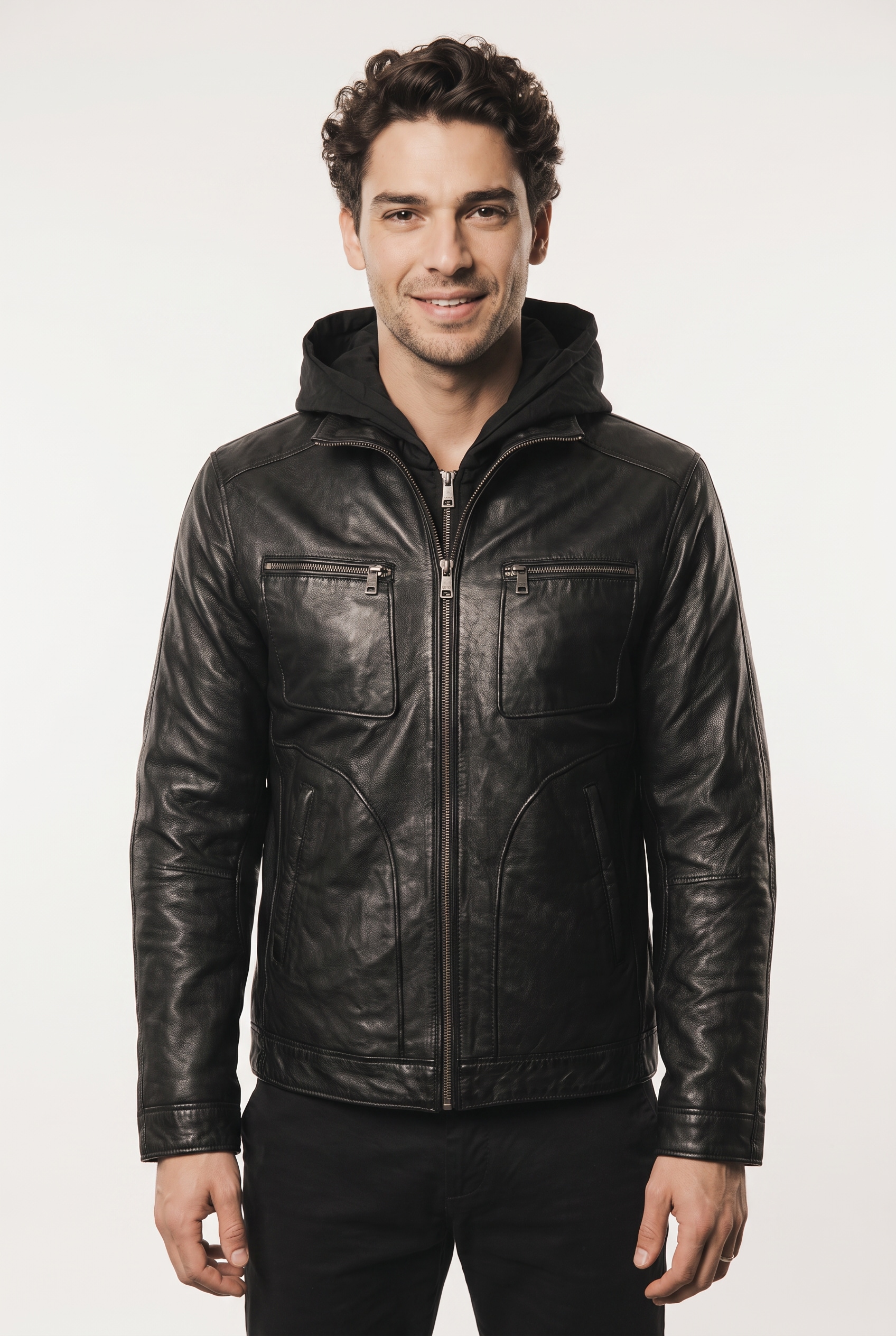 Mauritius Lederjacke "MMHocki" im Biker-Stil mit Kapuze aus Nylon