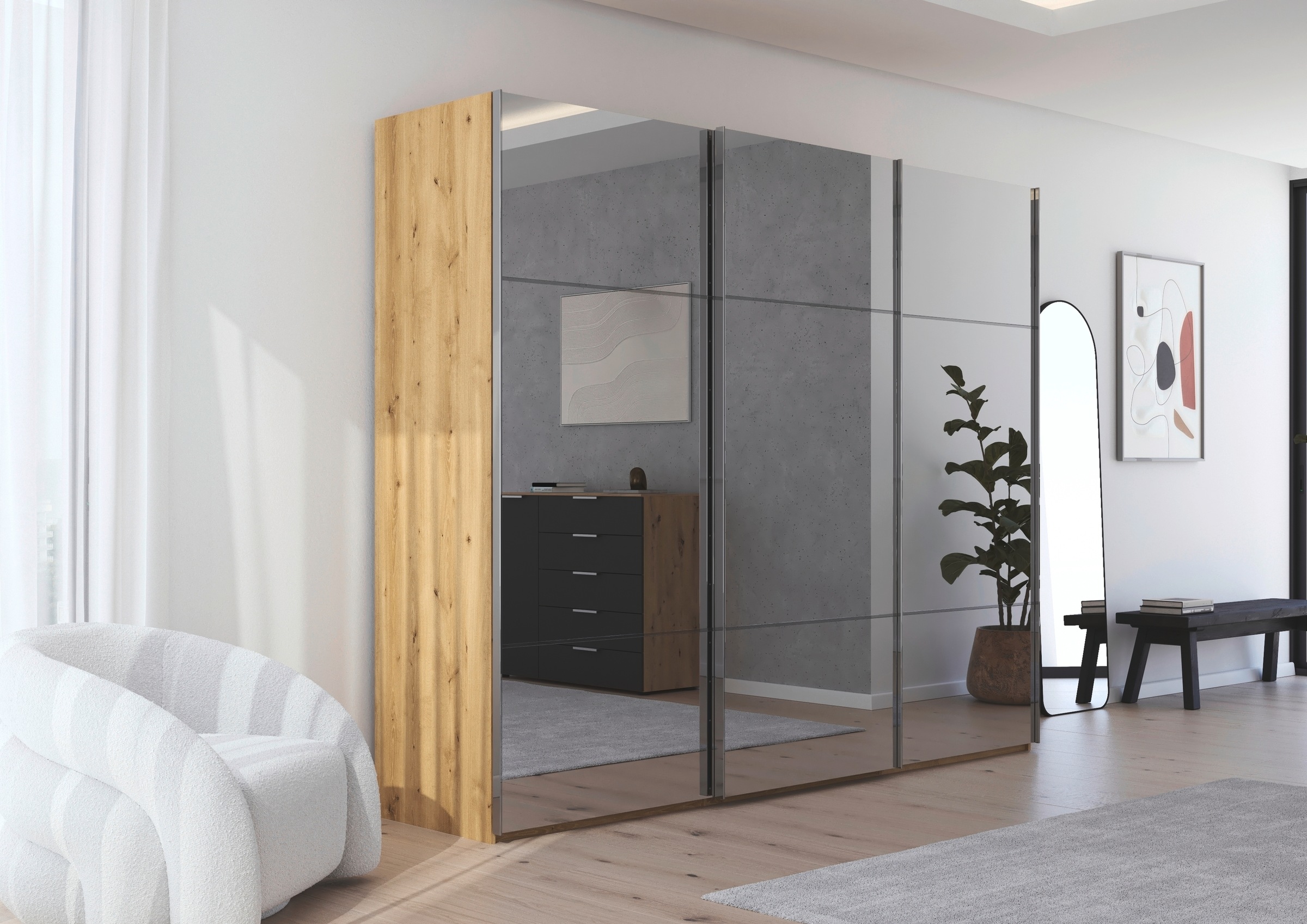 rauch Schwebetürenschrank »Kleiderschrank Schrank Garderobe Schlafzimmerschrank SCALE-TRIO«, edle dreigeteilte Front mit 2 Zierleisten Spiegelfront MADE IN GERMANY