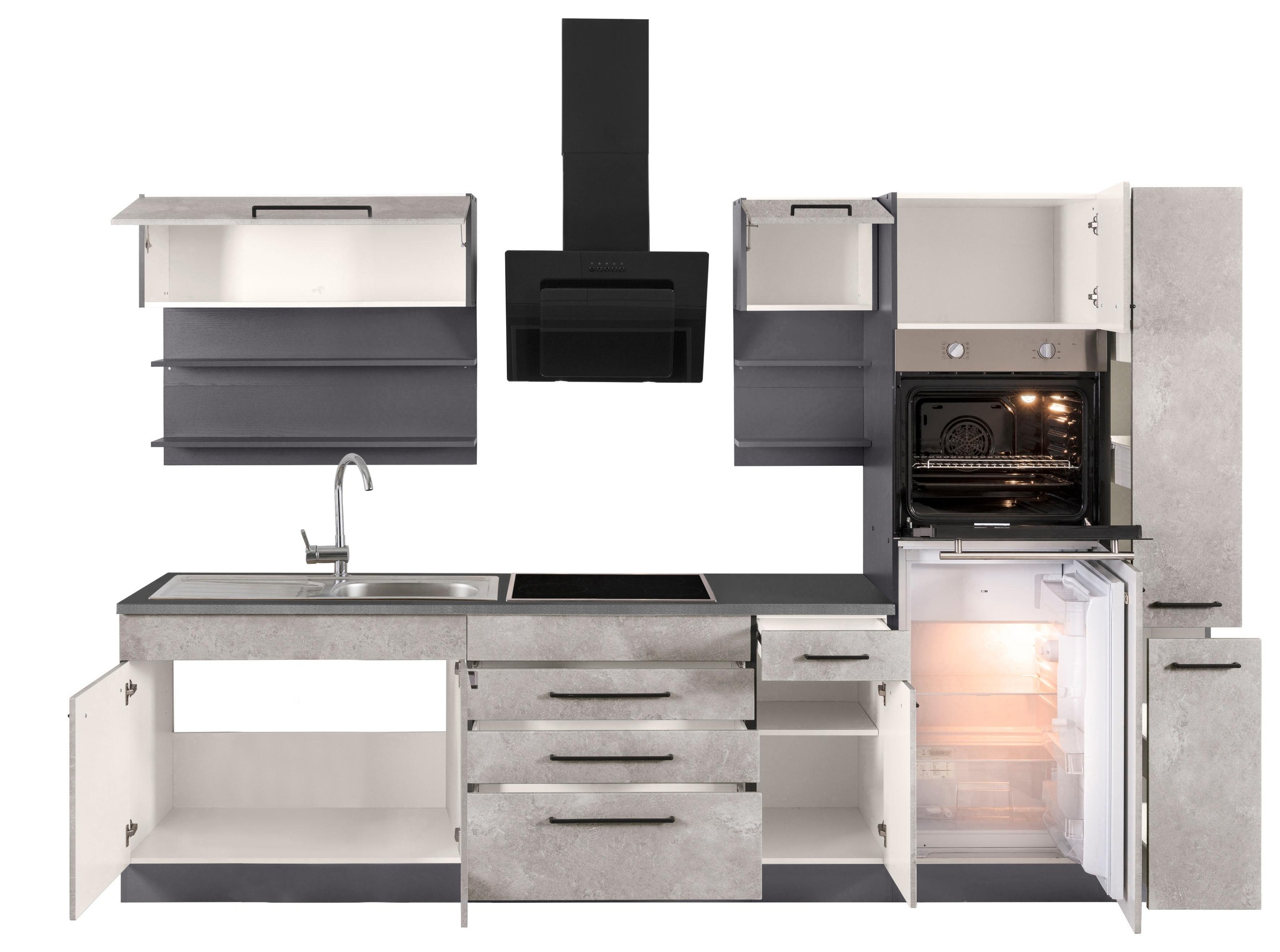 KOCHSTATION Küchenzeile »KS-Tulsa«, mit E-Geräten, Breite 290 cm, schwarze Metallgriffe, MDF Fronten