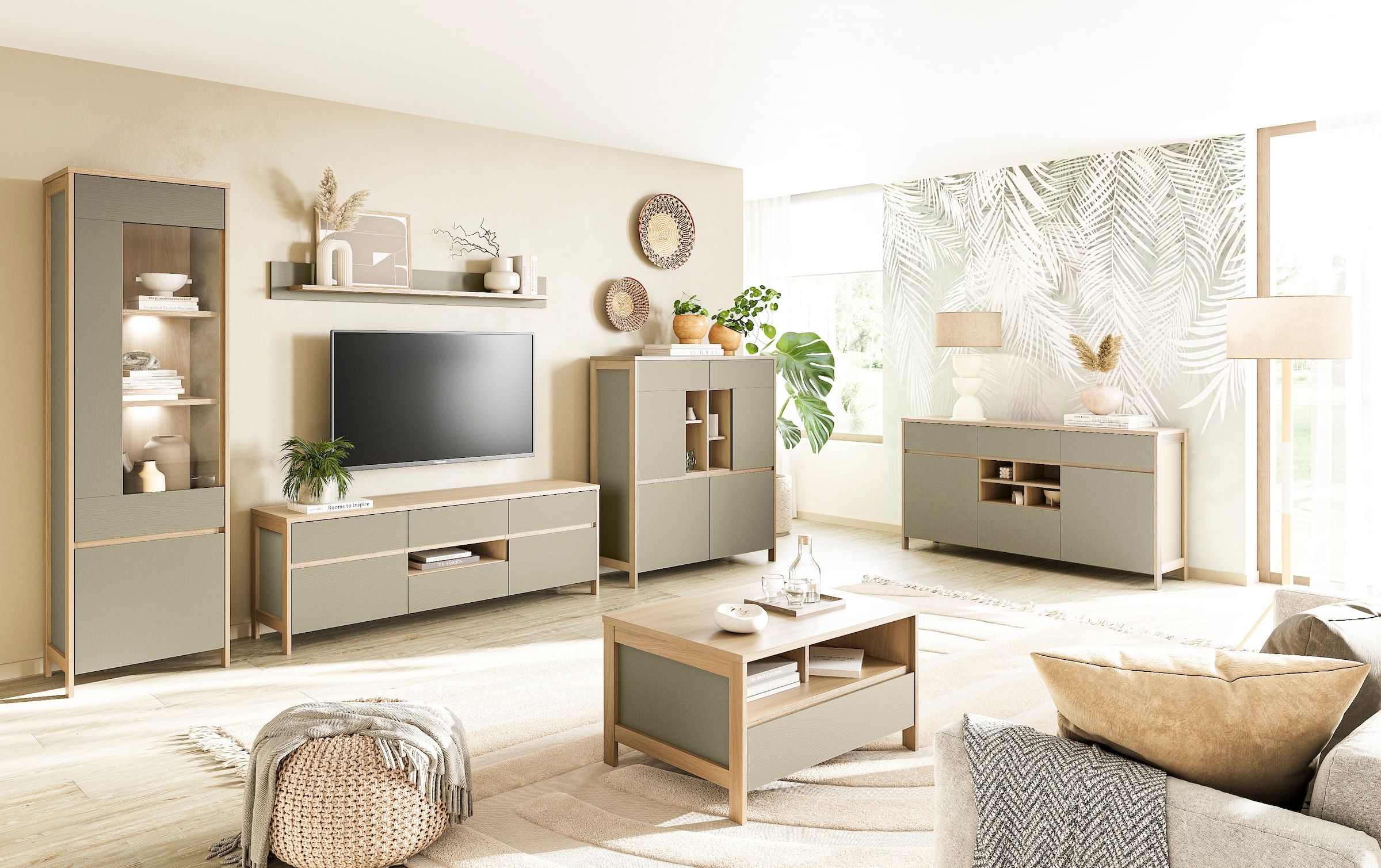 Home affaire Wohnwand »Stranda, moderne Anbauwand, Komplettset im Scandi-Style«, (4 St.), enthält Vitrine, Lowboard, Highboard und Wandboard, 364 cm breit