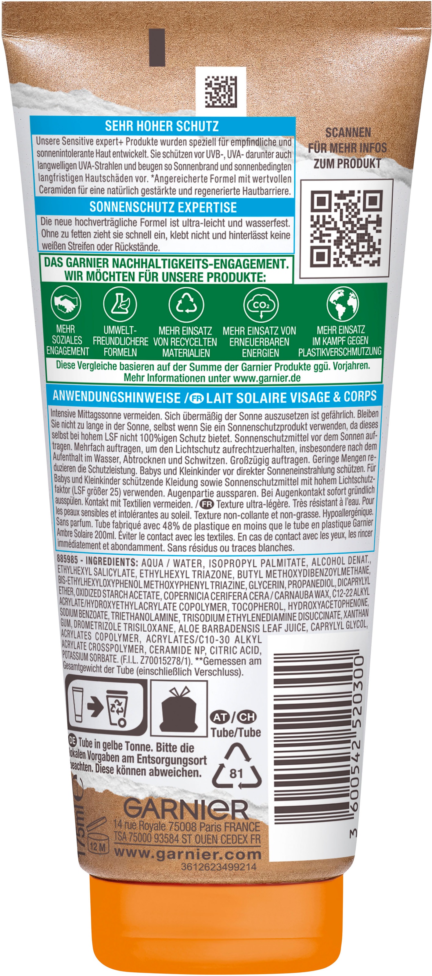 GARNIER Sonnenschutzmilch »Garnier Sensitive Sonnenschutz-Milch«, mit nachhaltiger Formel