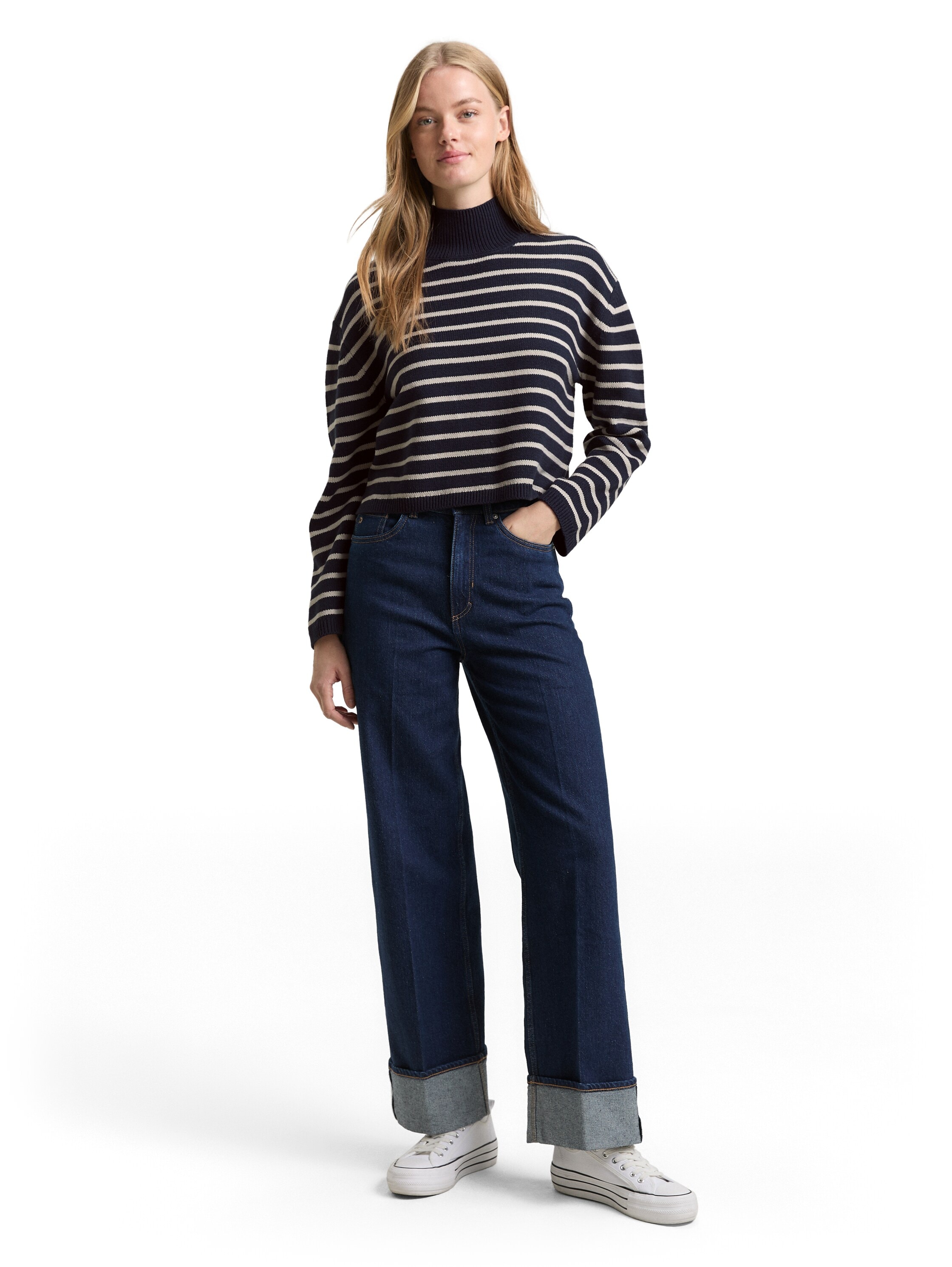 TOM TAILOR Denim Strickpullover im Streifen-Design und mit Stehkragen