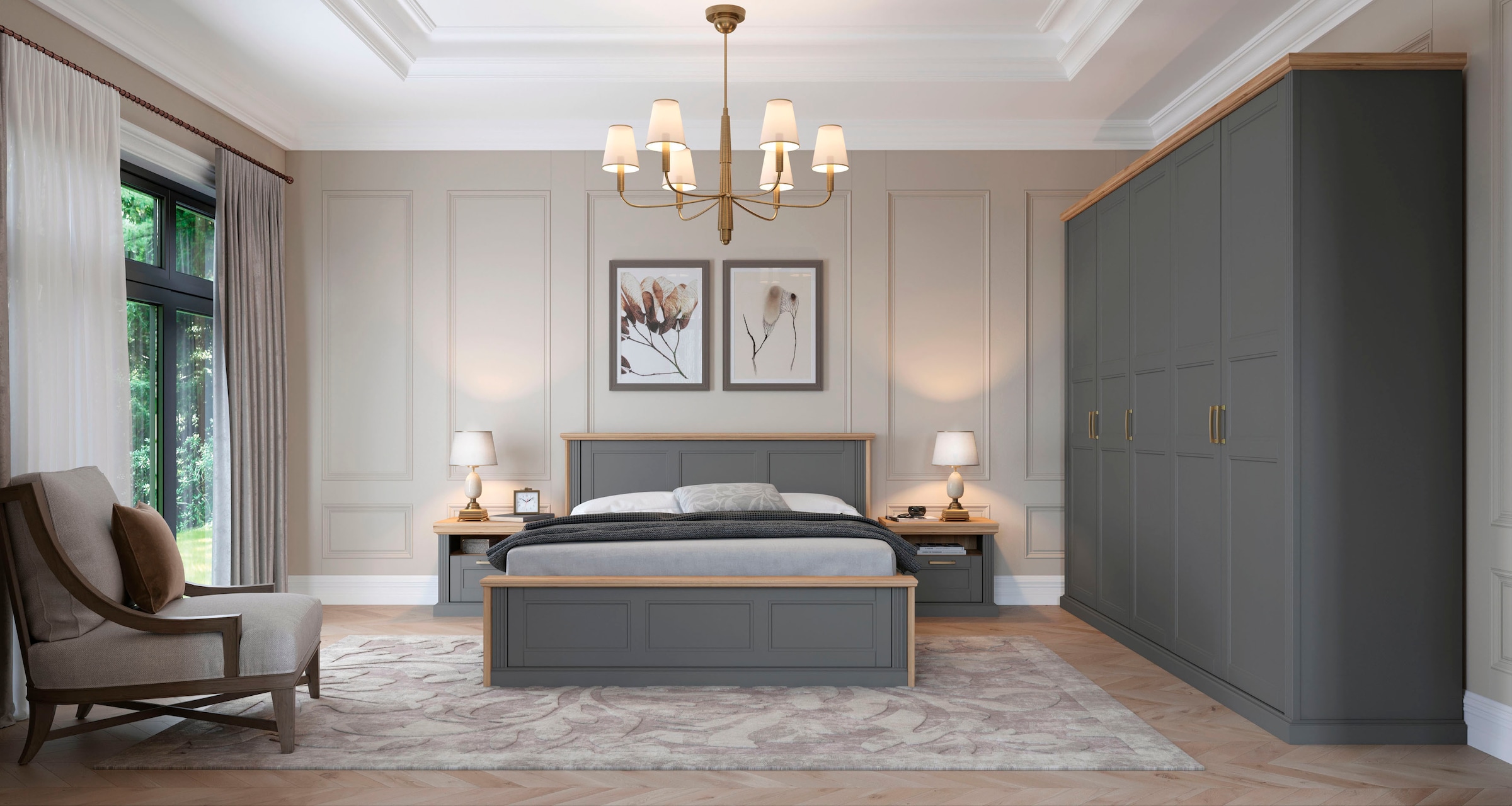 Home affaire Kleiderschrank »Tara, wahlweise 4 Breiten, hoher Schrank 227cm, soft-close-Funktion«, (Landhausstil mit Kranzprofil und Kasettenoptik, Innen Holzdekor), lackiert mit hochwertigen wasserbasiertem UV-Lack, FSC-zertifiziert
