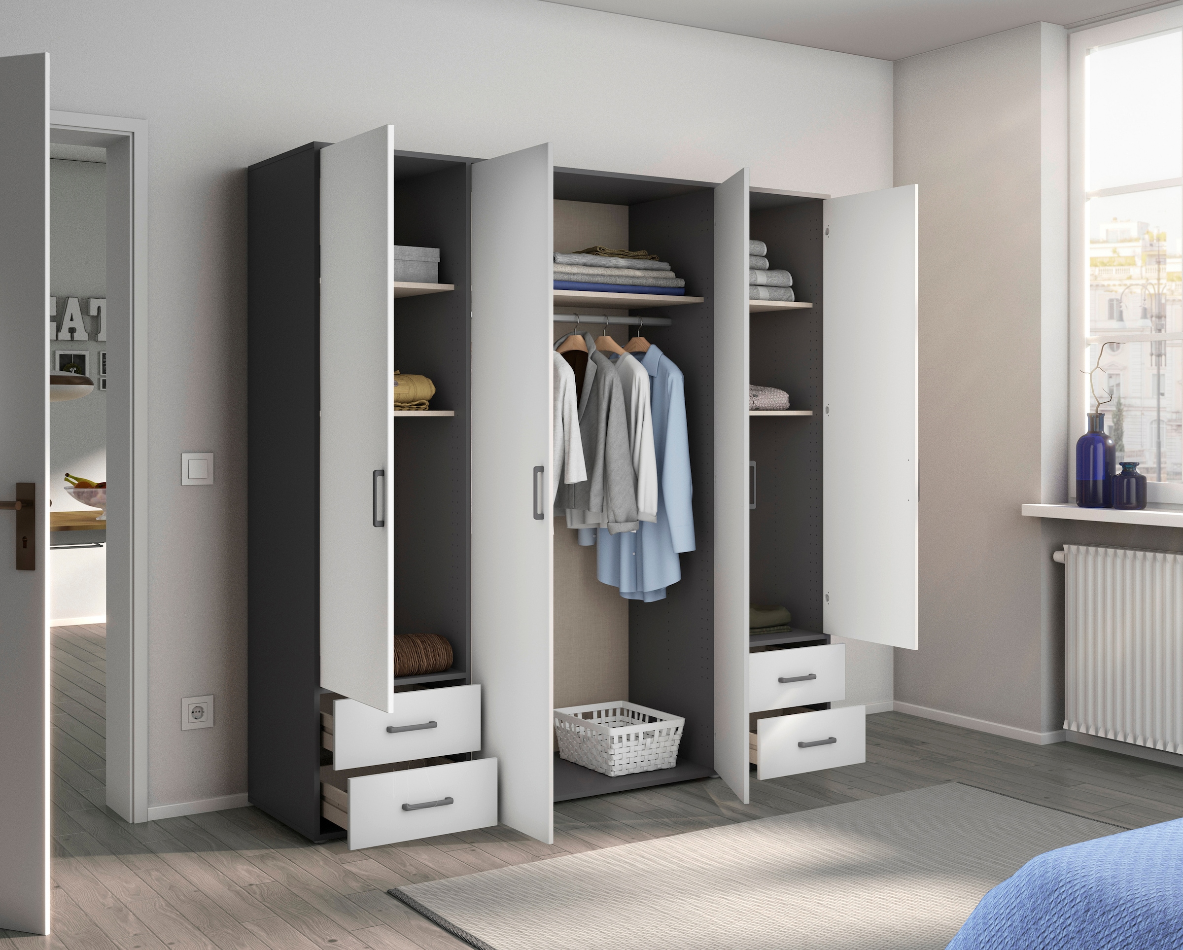 rauch Drehtürenschrank »Kleiderschrank Schrank Garderobe Wäscheschrank VOYAGER«, moderne Griffe in Graumetallic mit Außenschubkästen MADE IN GERMANY