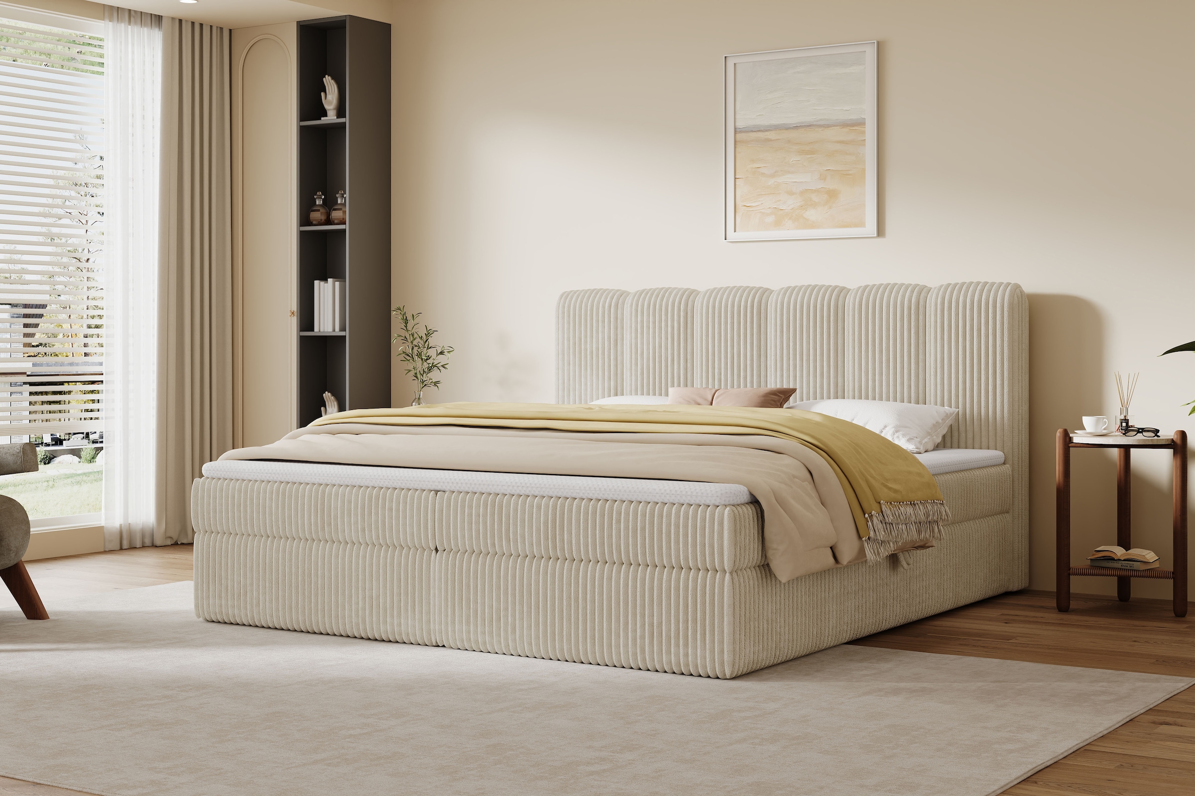 OTTO home Boxbett "SIVVA in der Breite 180cm, flauschiger Breitcord, Farbe: cream" inkl. Taschenfederkernmatratze (H3) & Topper (4cm)
