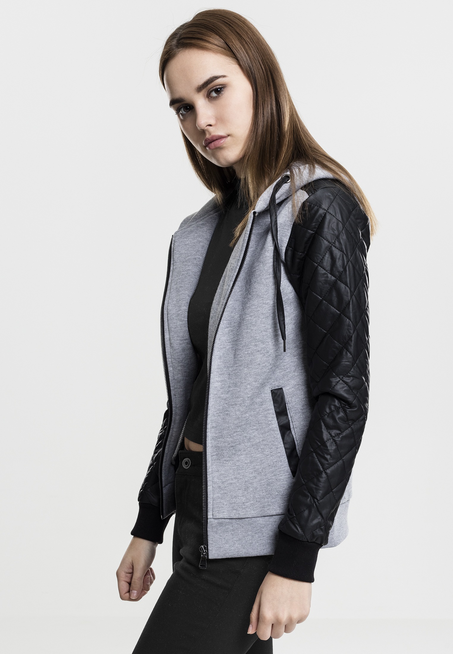 URBAN CLASSICS Sweatjacke (1 tlg.) | BAUR Diamond für Sleeve Zip »Damen Leather Hoody«, Synthetic Ladies bestellen
