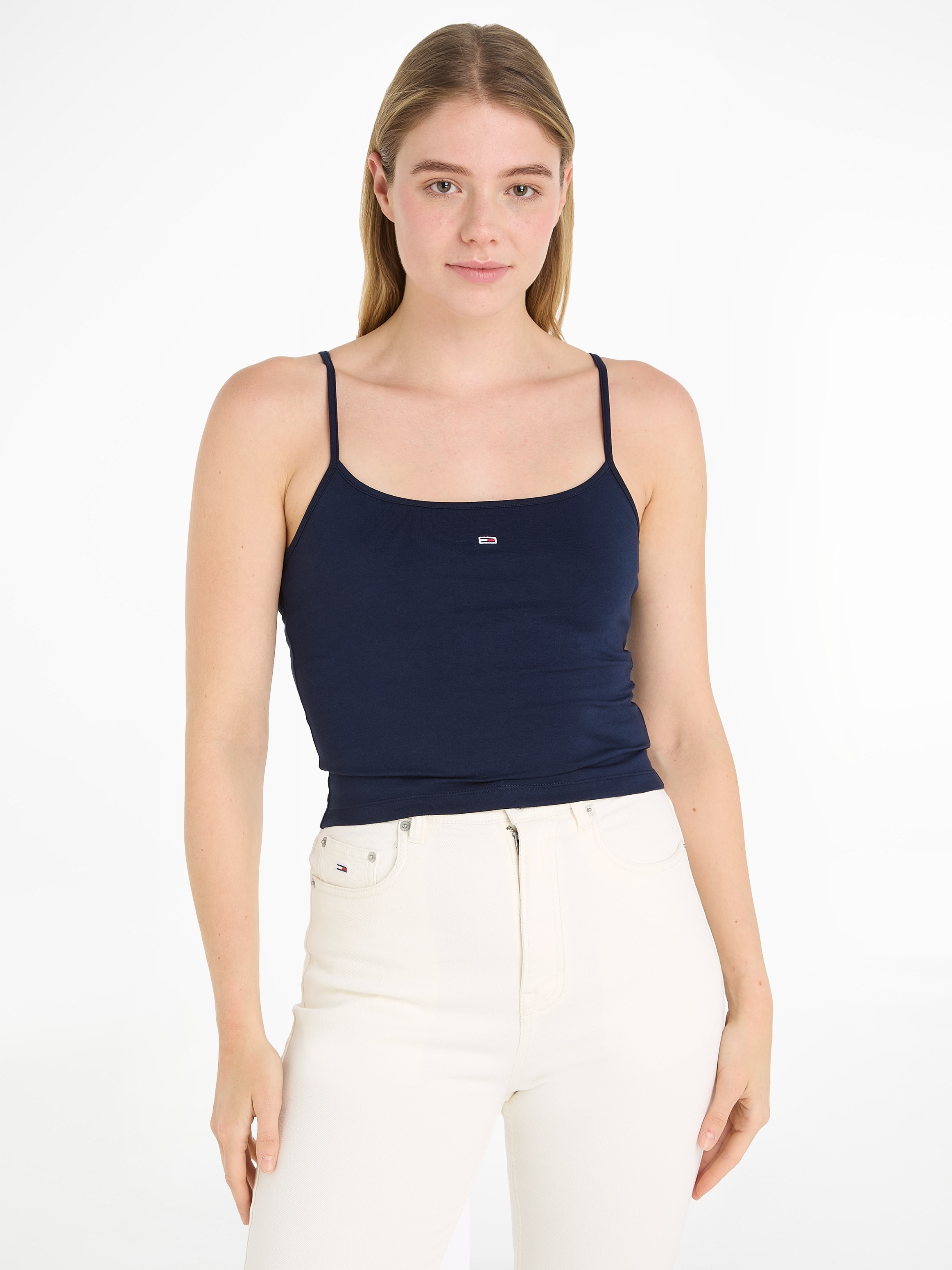 Tommy Jeans Spaghettitop »Crop Essential Strap Tank Top, kurz«, mit verstellbaren Spaghettiträgern Marken Logo