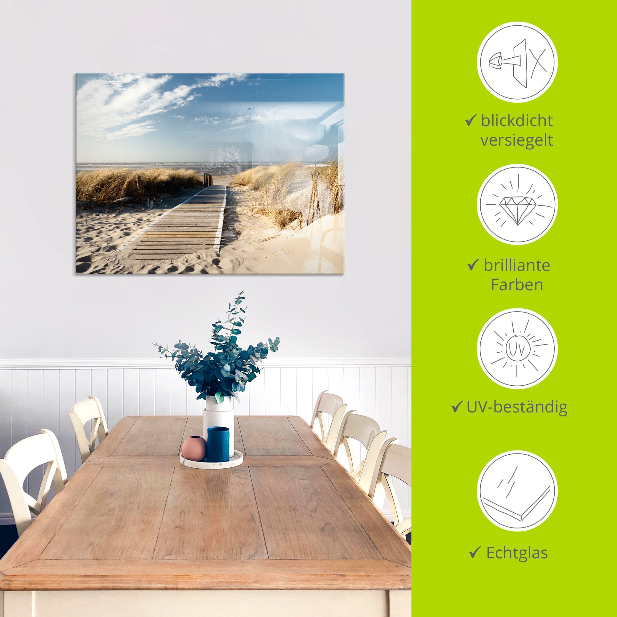 Artland Glasbild »Nordseestrand auf Langeoog - Steg«, Strand, (1 St.), in verschiedenen Größen