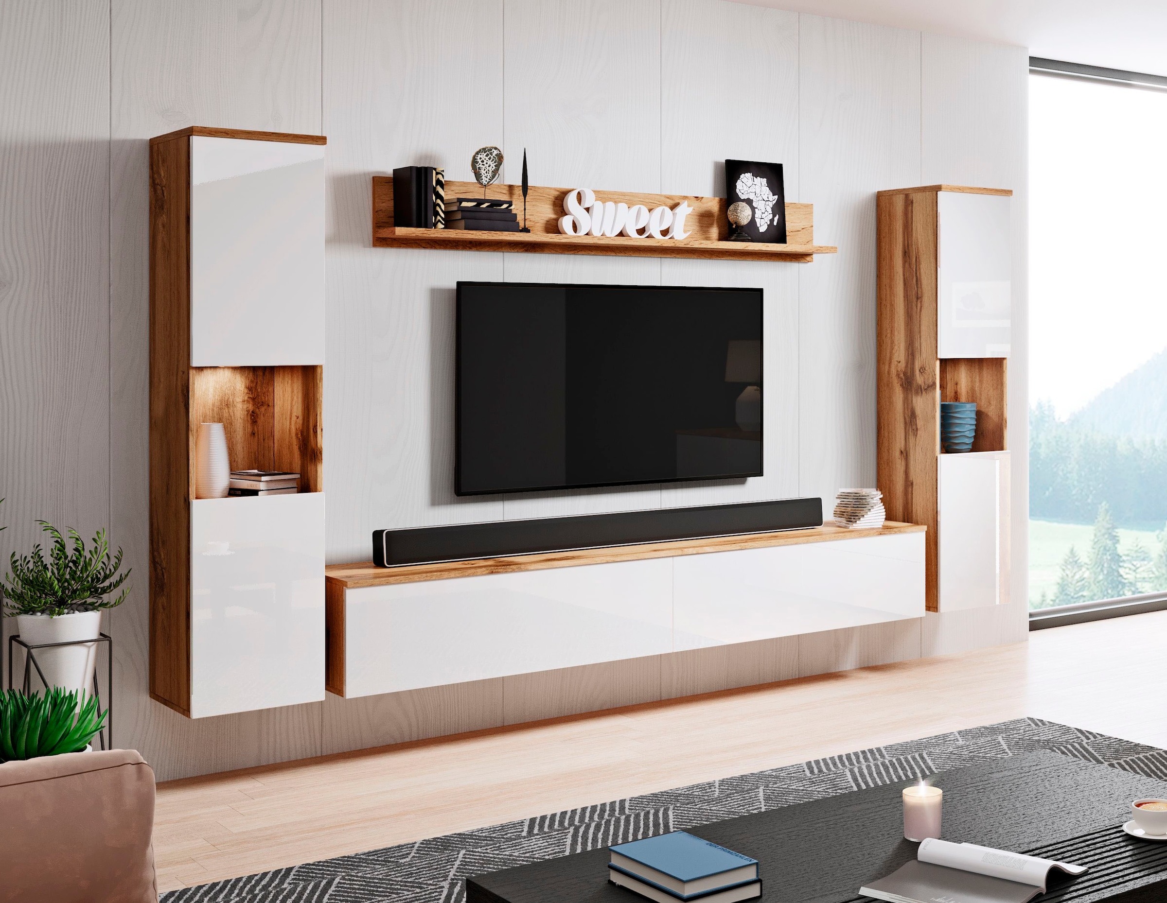 INOSIGN Wohnwand »PARIS«, (Komplett-Set, 4 St.), TV-Wand 260cm breite, grifflose Design, stehend und hängend montierbar