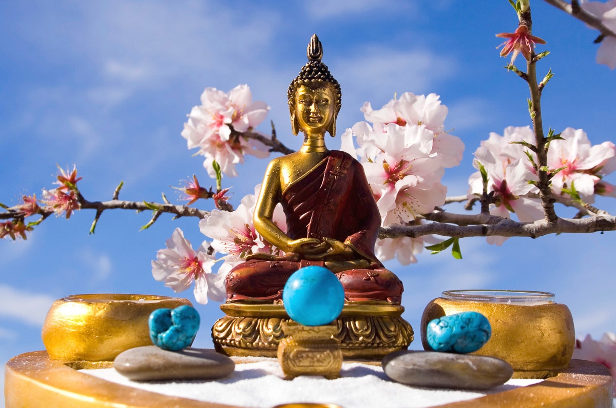 Fototapete PAPERMOON "Buddah Figur", bunt, B:3,5m L:2,6m, Vlies, Tapeten - B/L: 3,5m x 2,6m, Bahnen: 7 Stk.