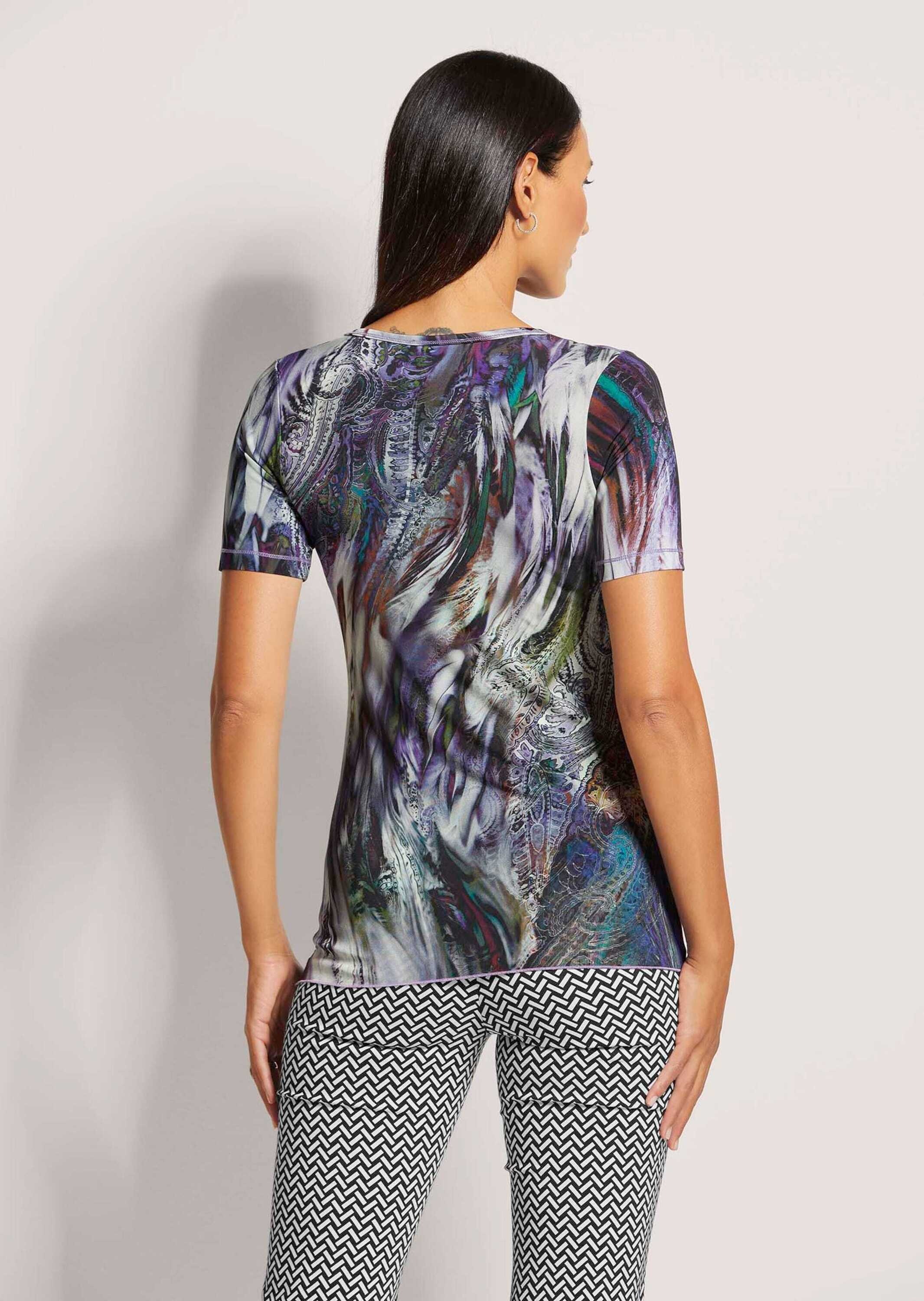 Kurzarmshirt MADELEINE "Shirt Kurzarm-Shirt mit Unikat-Druck", Damen, Gr. 42, schwarz (schwarz, multicolor, petrol), Obermaterial: 92% Viskose CV. 8% Elasthan EL., Modern, normal, Shirts 3