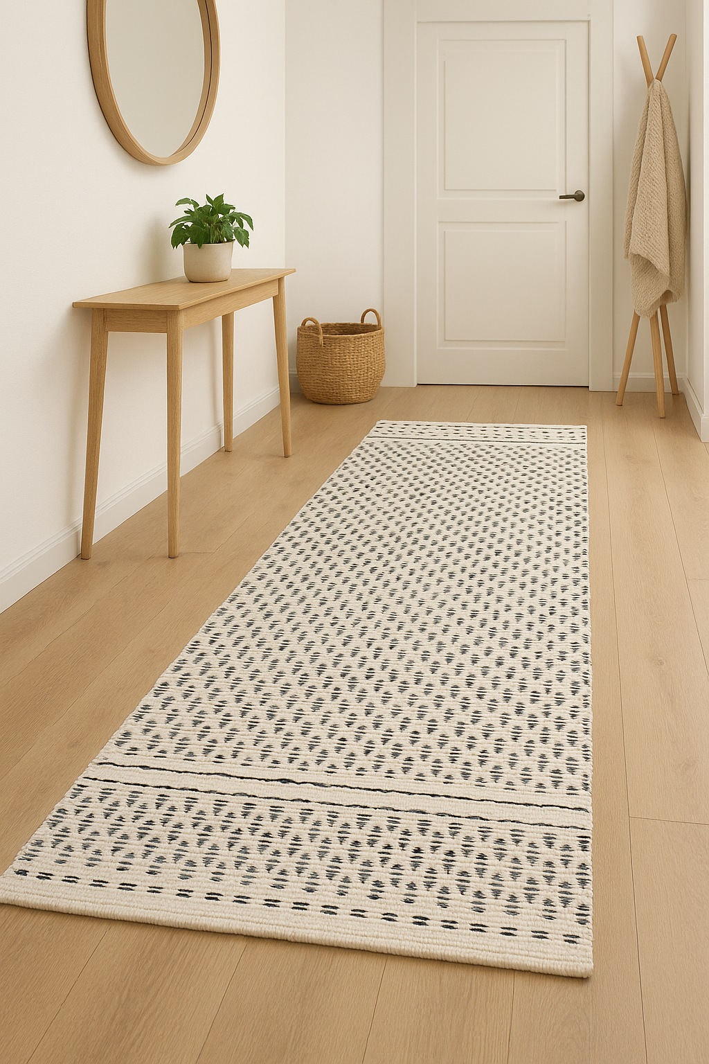Wollteppich "Wooly Nature", natur,schwarz, B:80cm H:10mm L:250cm, Baumwolle, Wolle, MYFLAIR MÖBEL & ACCESSOIRES, Teppiche, Handwebteppich, reine Wolle, Scandi Design, handgewebt, Wohnzimmer